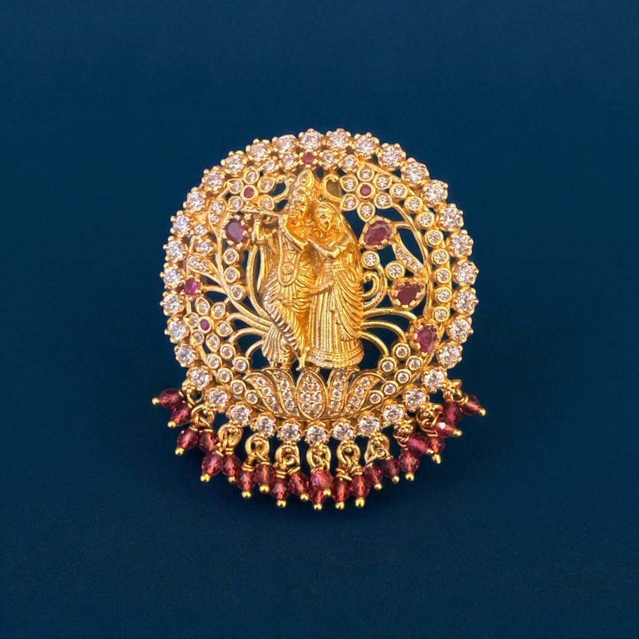 Radhakrishna design with cz ruby stone with gold polish