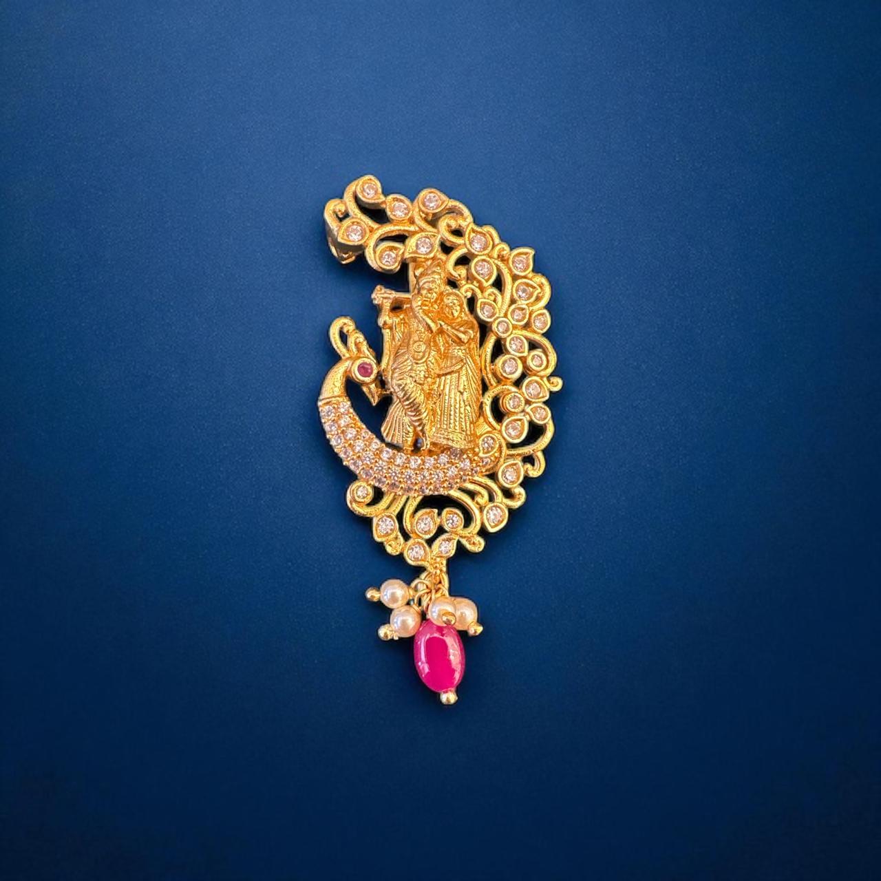 Radhakrishna pendent with cz stone and gold polish