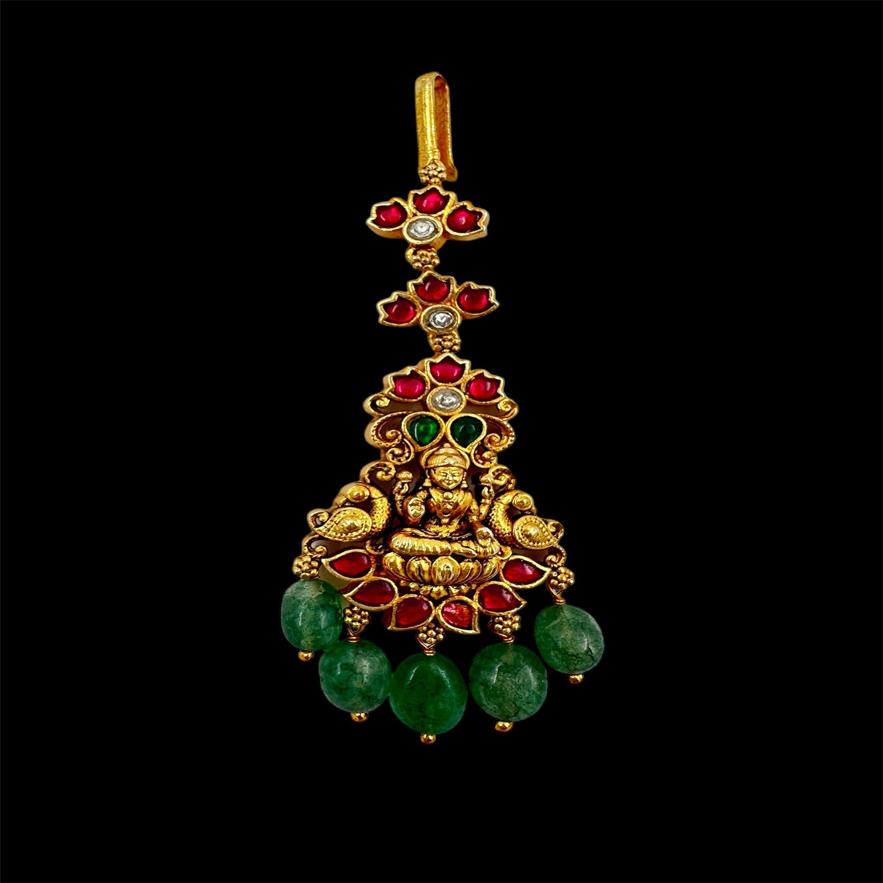 Divine Temple-Style Maang Tikka with Goddess Lakshmi, Ruby & Emerald Beads