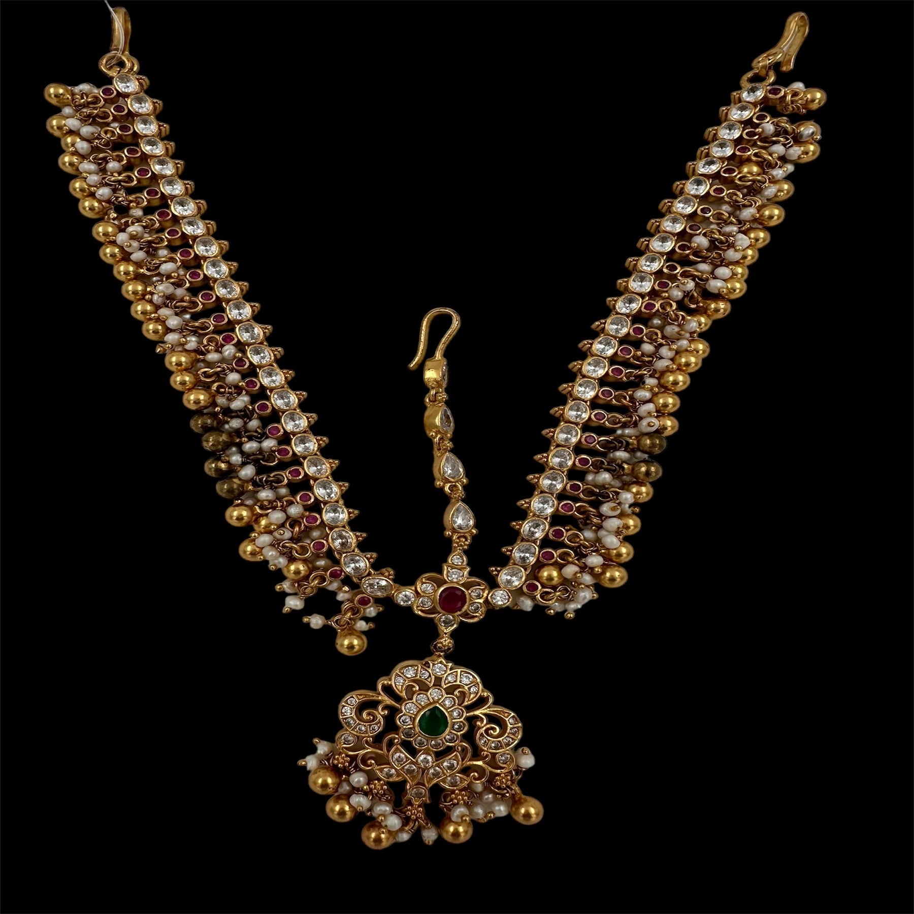 Maang Tikka CZ with Gold Ornaments along with Ruby and Emerald Gemstones