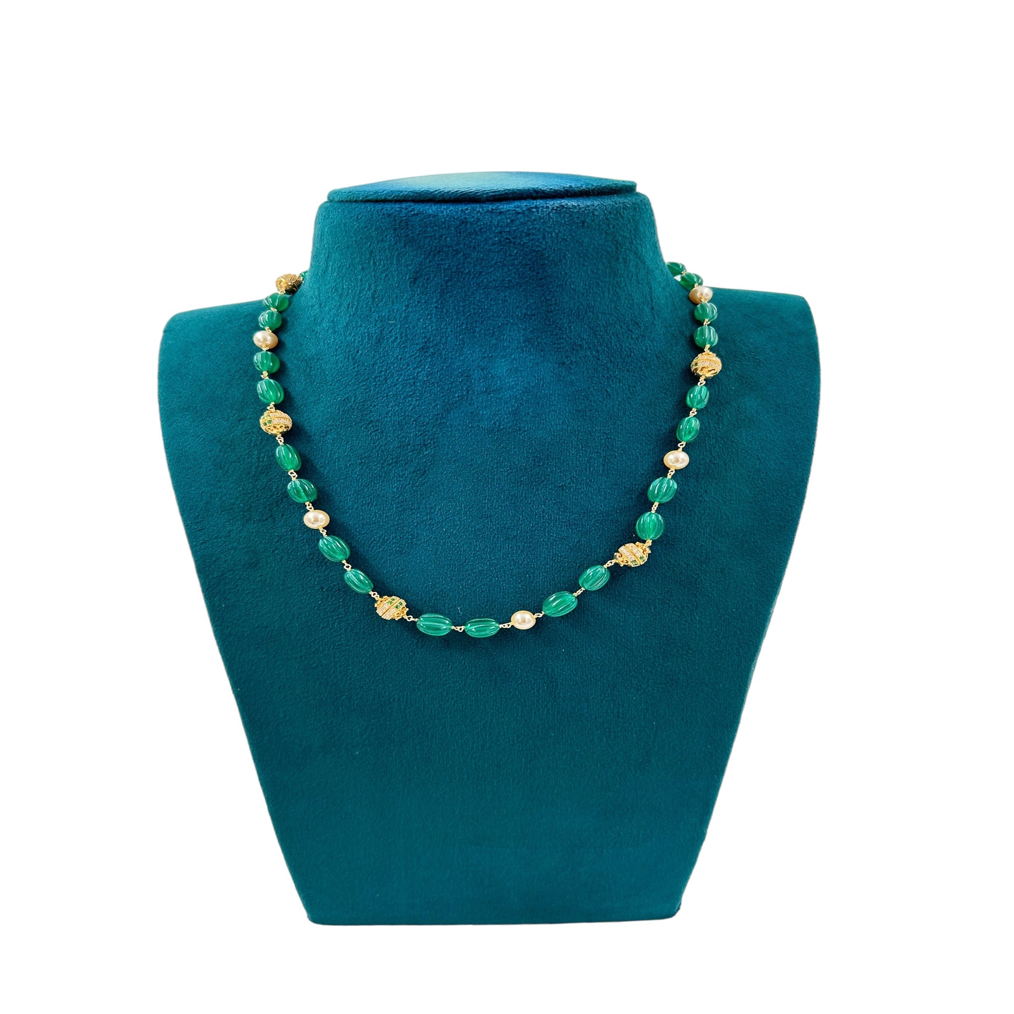 Green Beads Chain with pearls and Gold Balls