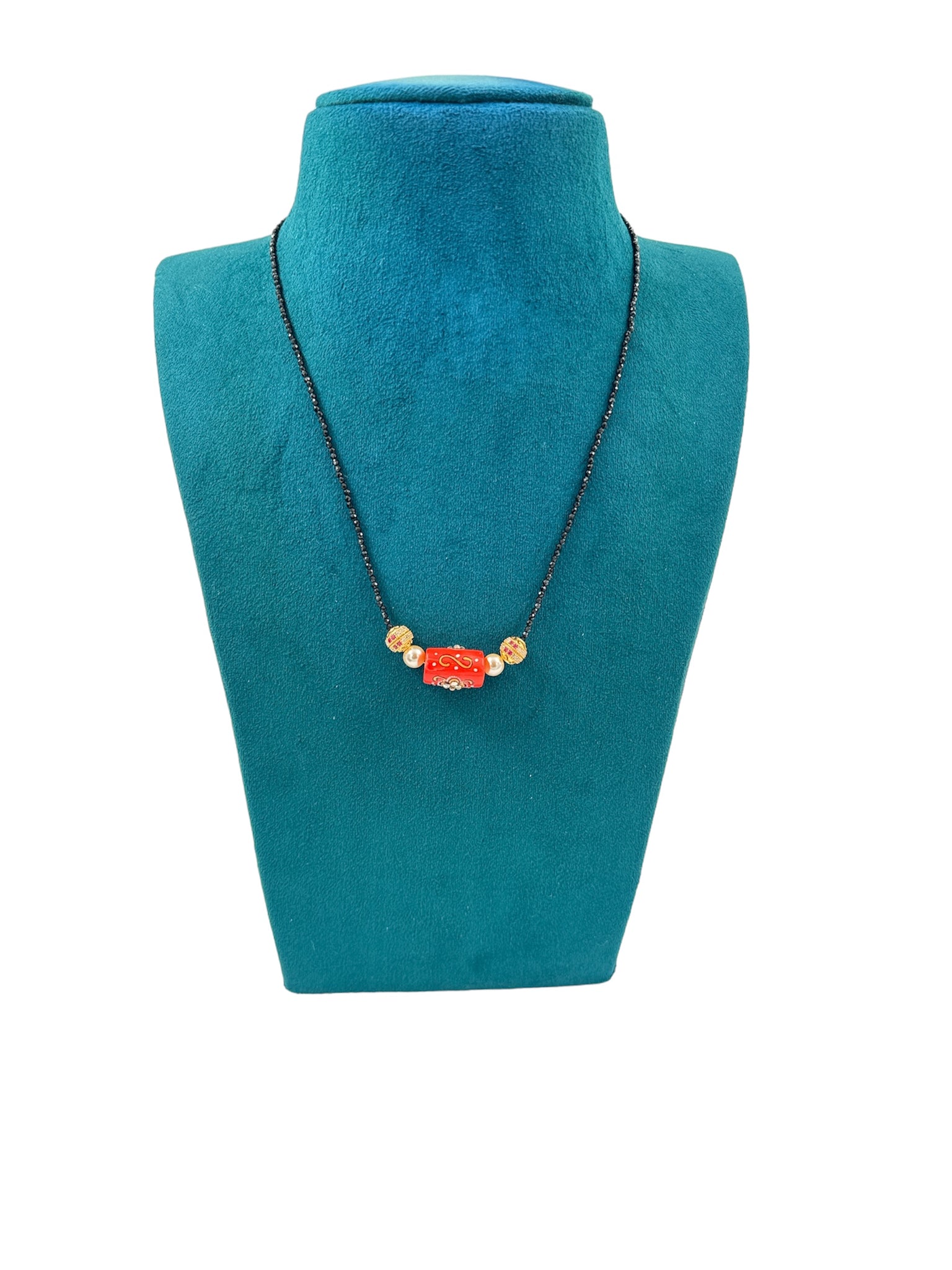 Coral With Gold balls and Black Beads Chain