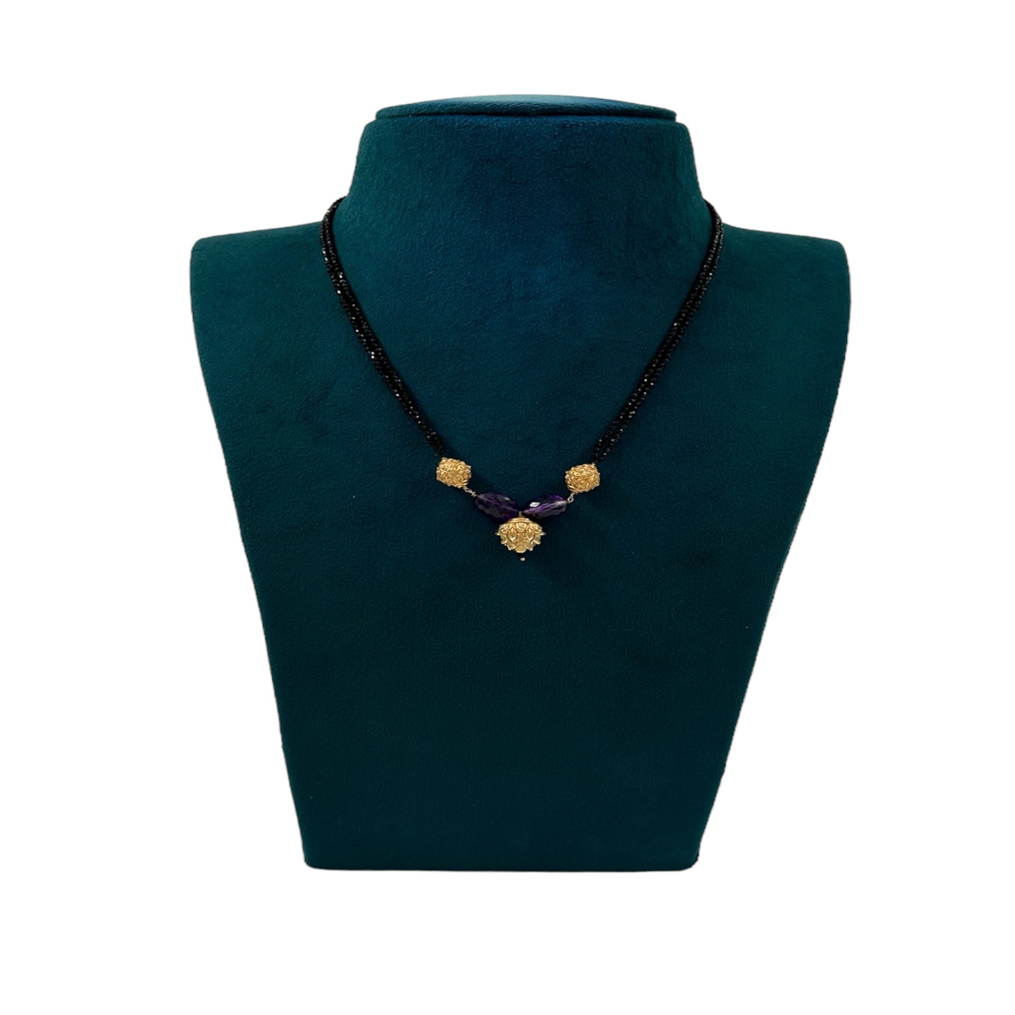 Black Beads Chain with Gold Balls and Purple Stone