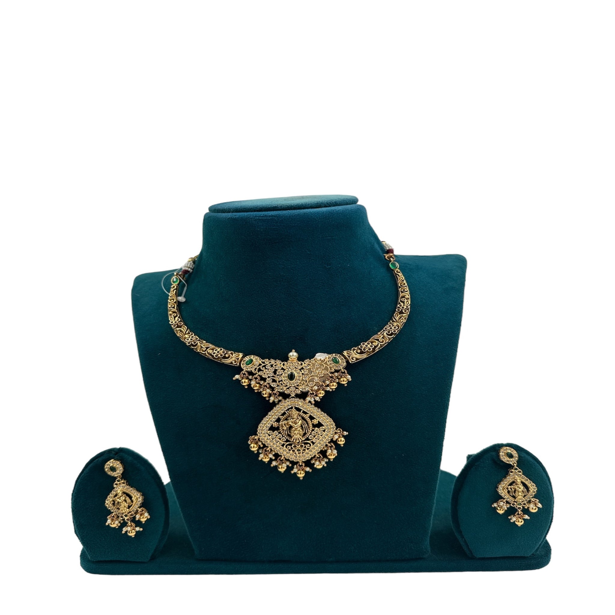 Necklace Set with Krishna Design CZ Stone With Gold Polish