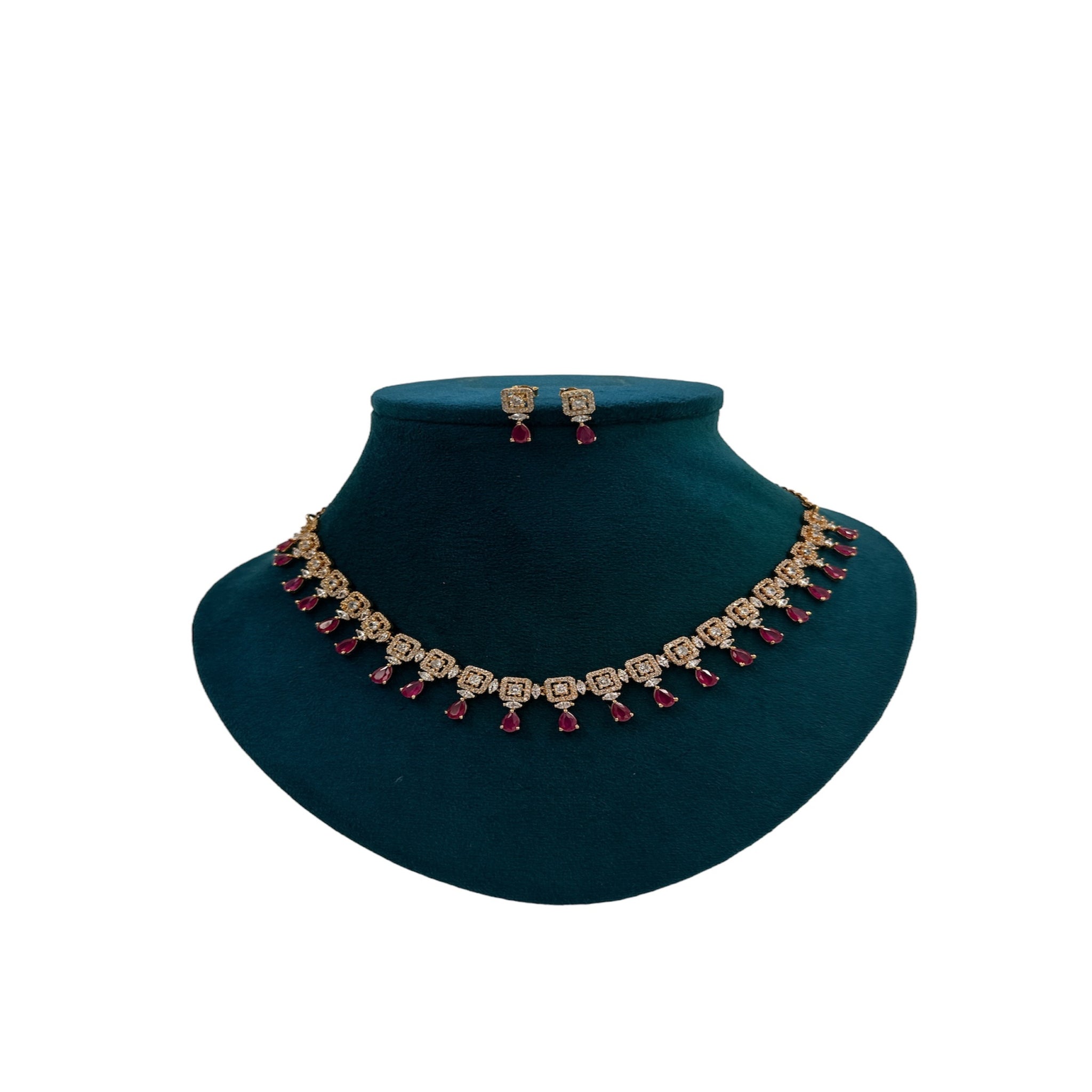 Necklace Set  Cz Ruby Stone With Gold Polish