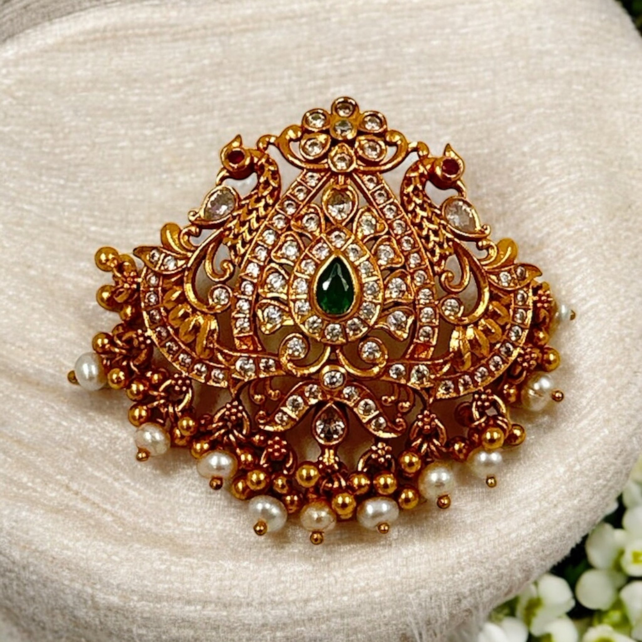 Precious Pendant 92.5 Silver Peacock Design With CZ And Emerald Stone