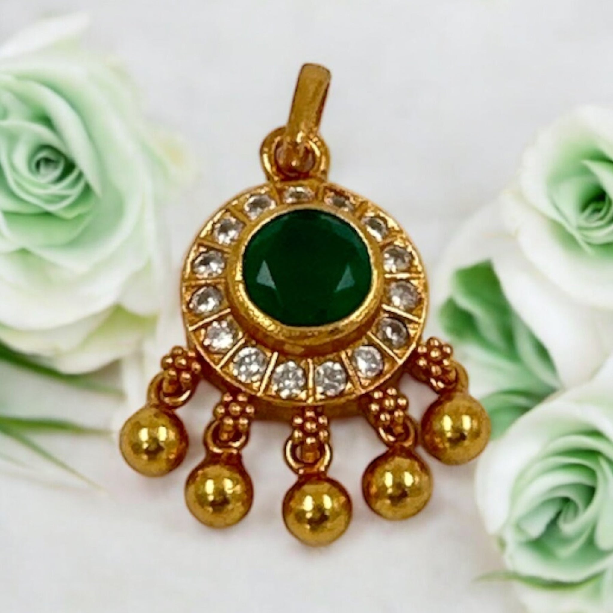 Precious Pendant 92.5 Silver Emerald With CZ Stone And Gold Balls