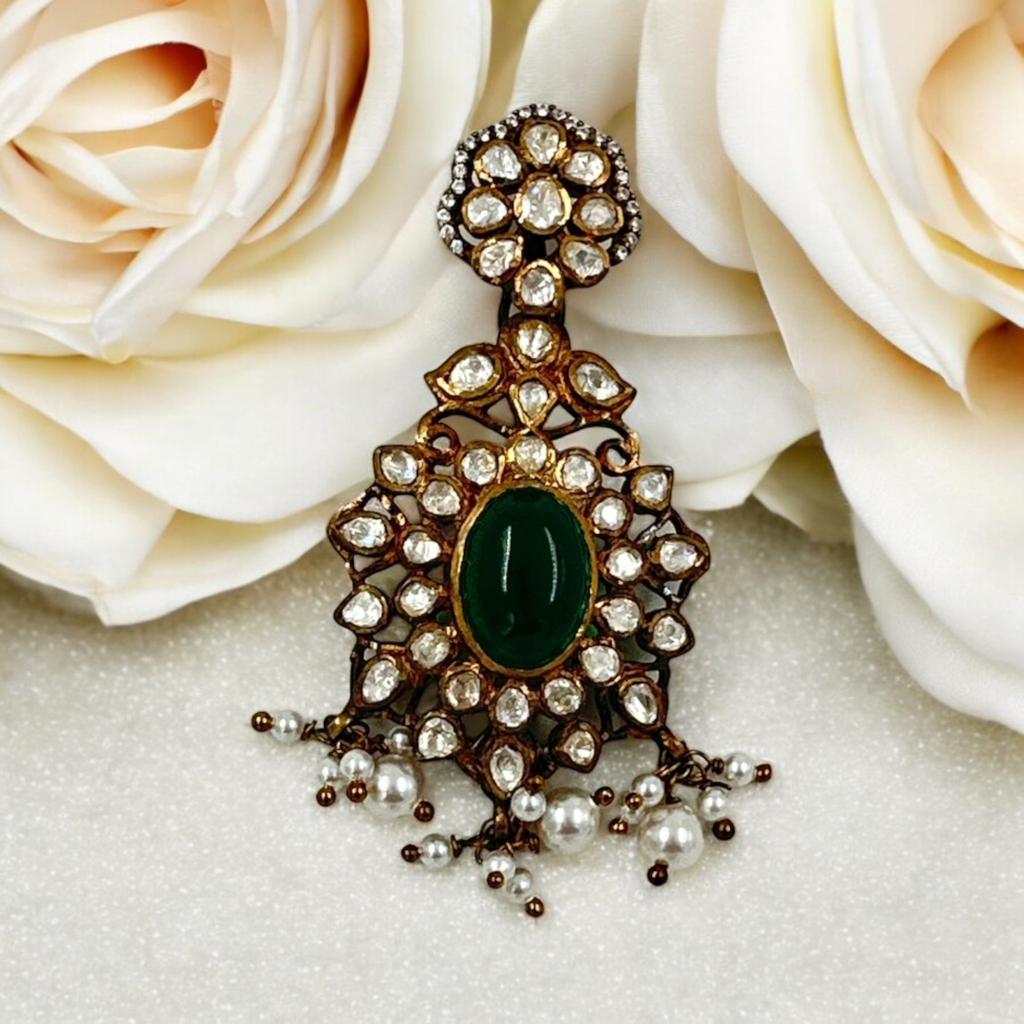 Precious Victorian Pendant 92.5 Silver MoissNites Emerals Stone With Gold Polish