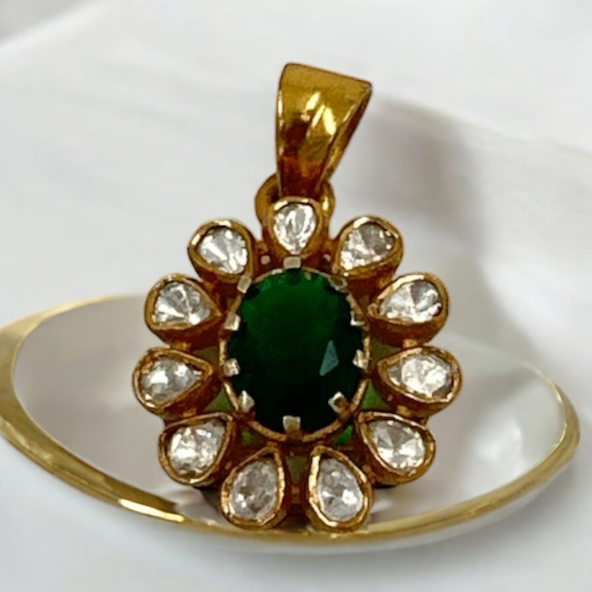 Precious Pendant 92.5 Silver Emarald Stone, CZ Stone And Gold Polish