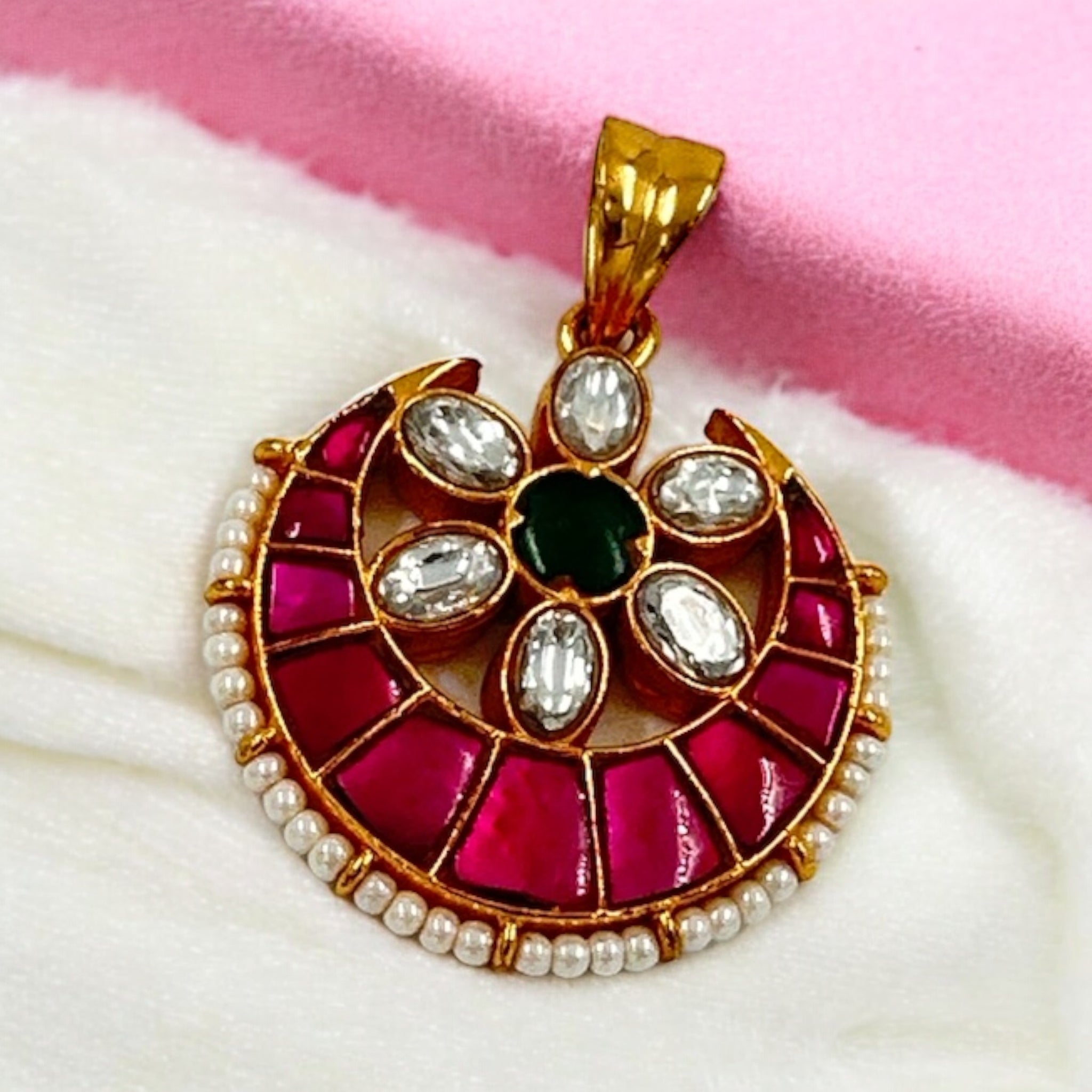 Precious Pendant 92.5 Silver Kundan Ruby CZ Stone With Gold Polish