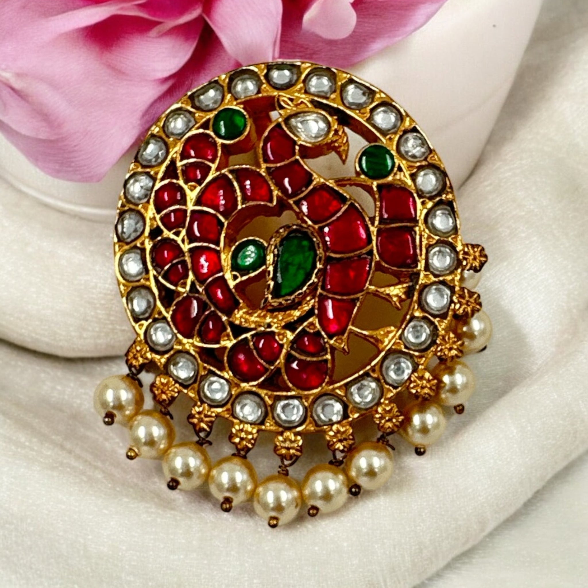 Precious Pendant 92.5 Silver Kundan CZ Emerals Stone With Dold Polish