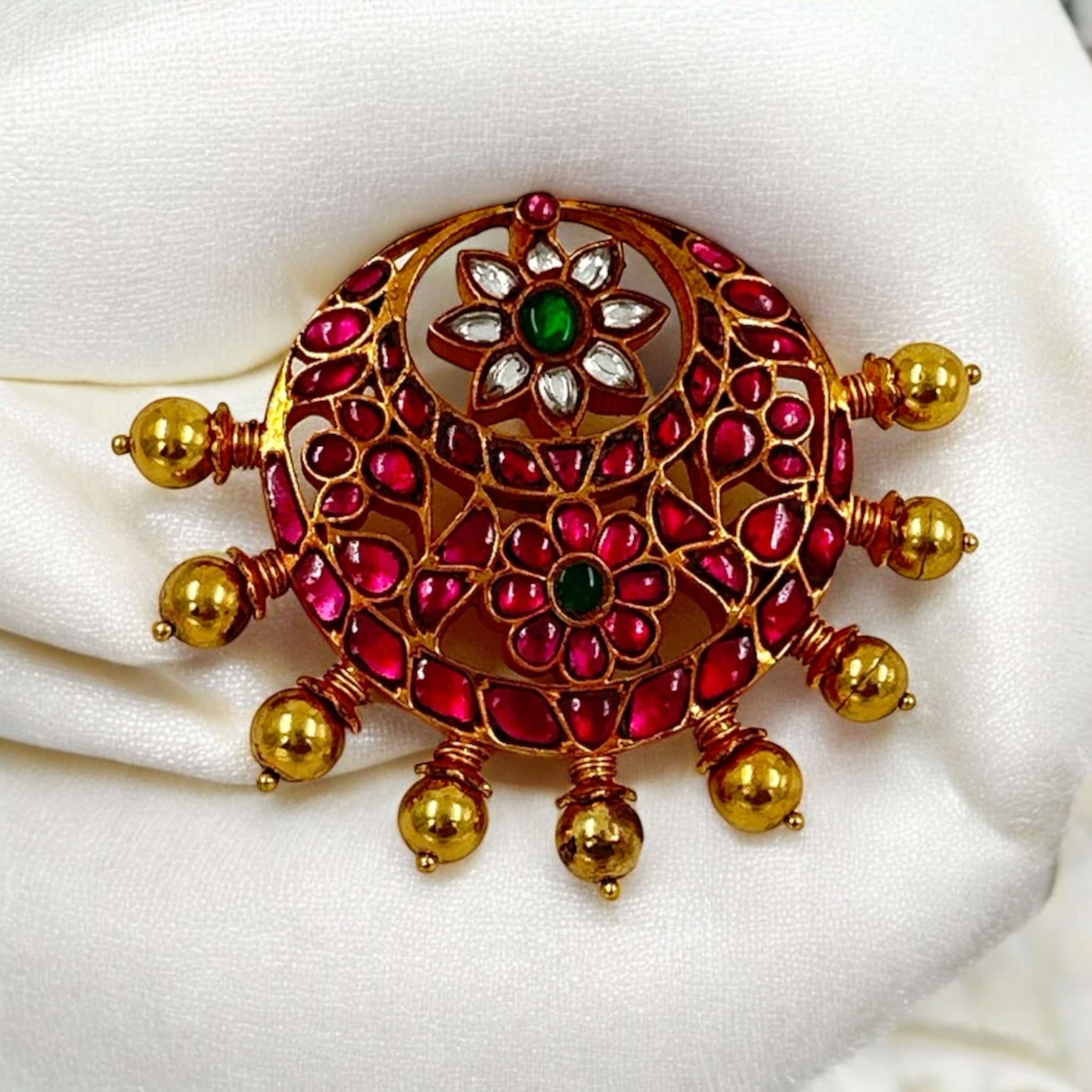 Precious Pendant 92.5 Silver KUndan CZ Emerals With Gold Polish