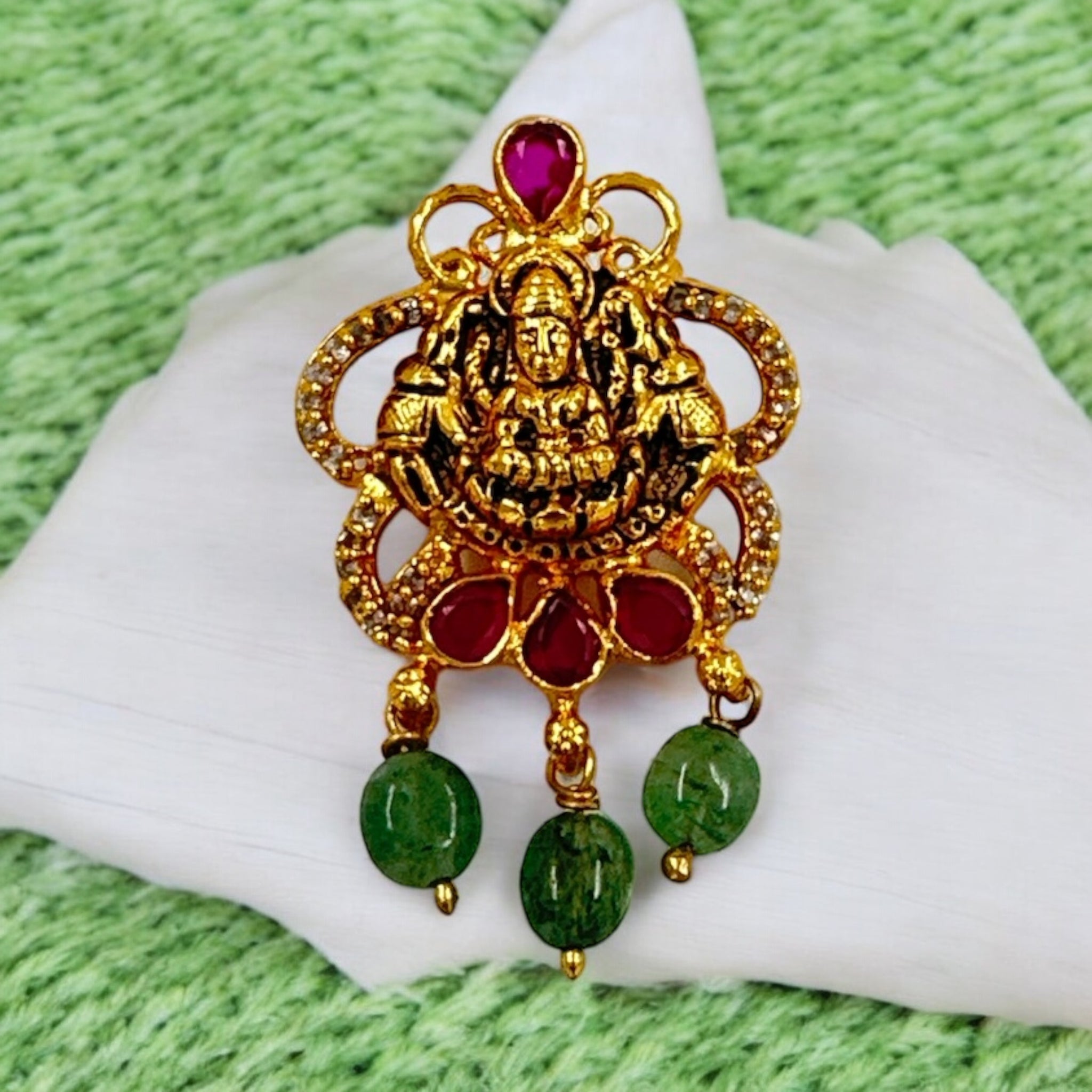 Antique Laxmi Pendant 92.5 Silver Laxmi Design Ruby Emerals Stone With Gold POlish