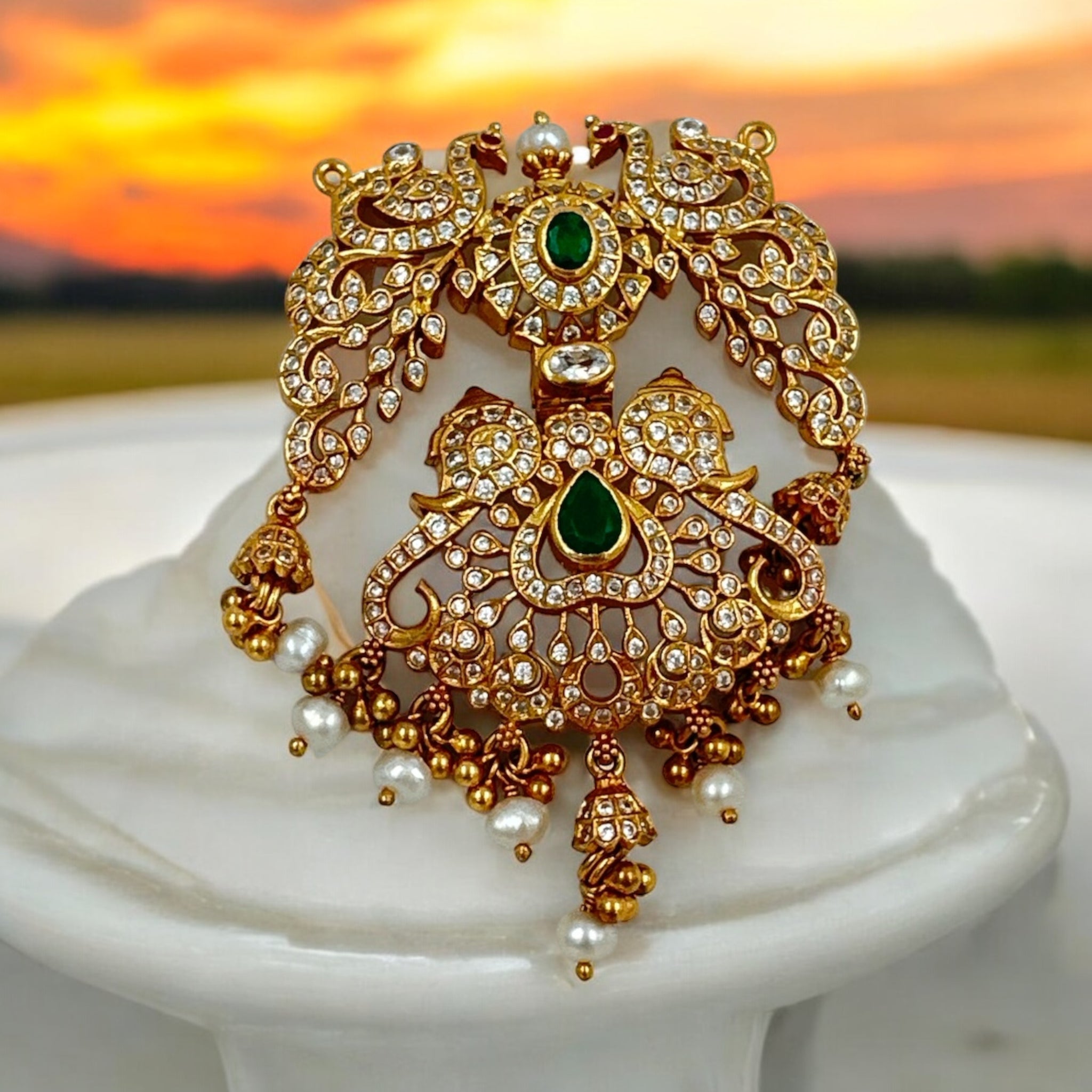 Precious Pendant 92.5 Silver CZ emerals With Gold Balls With Gold Polish