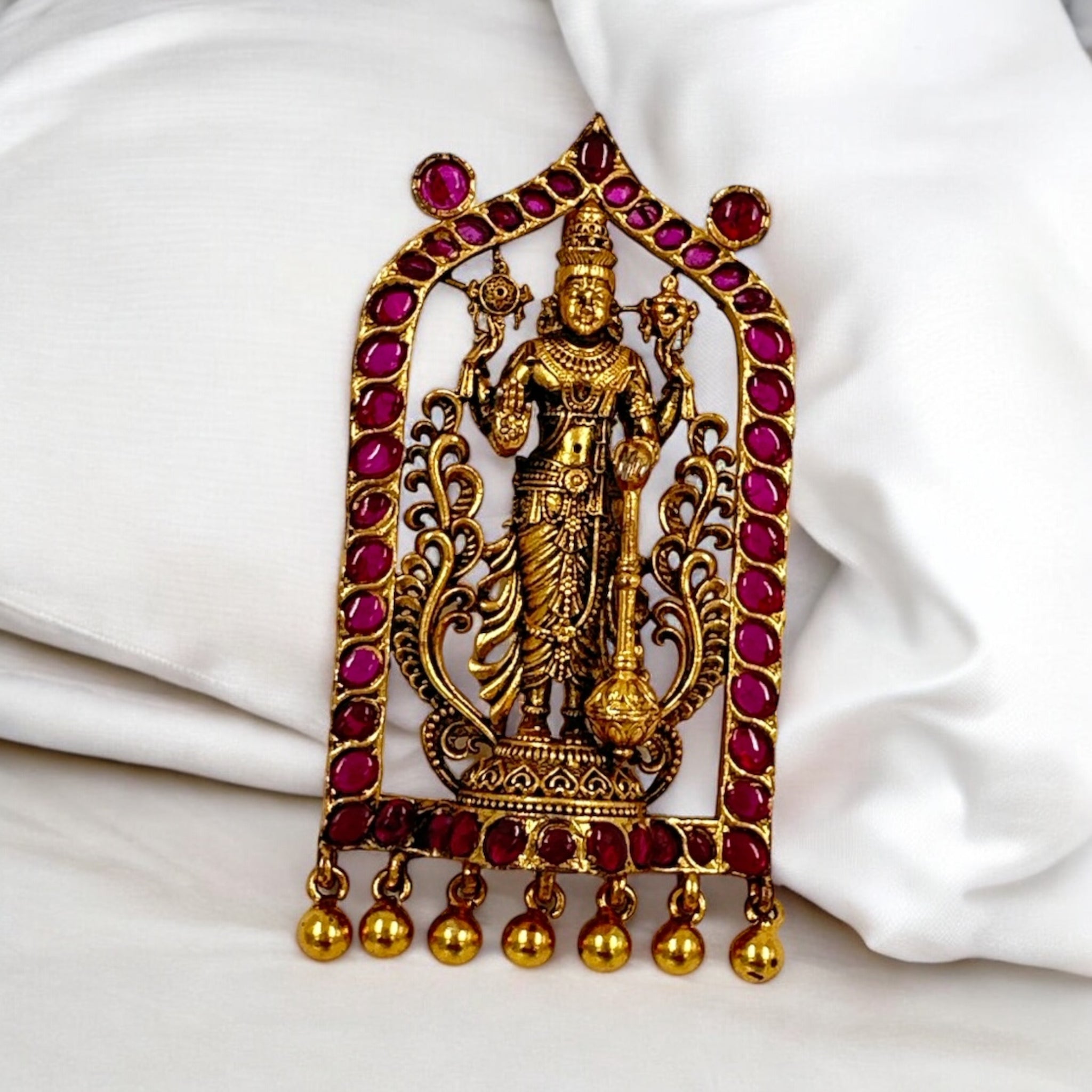 Antique Vishnu Pendant 92.5 Silver Venu Gopala Sawmy Design Ruby CZStone With Gold Polish