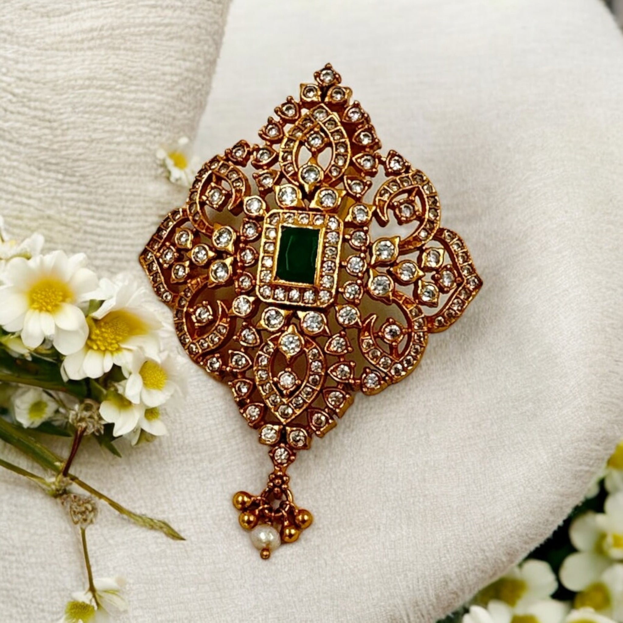 Precious Pendant 92.5 Silver Cz Emerals With Gold Polish