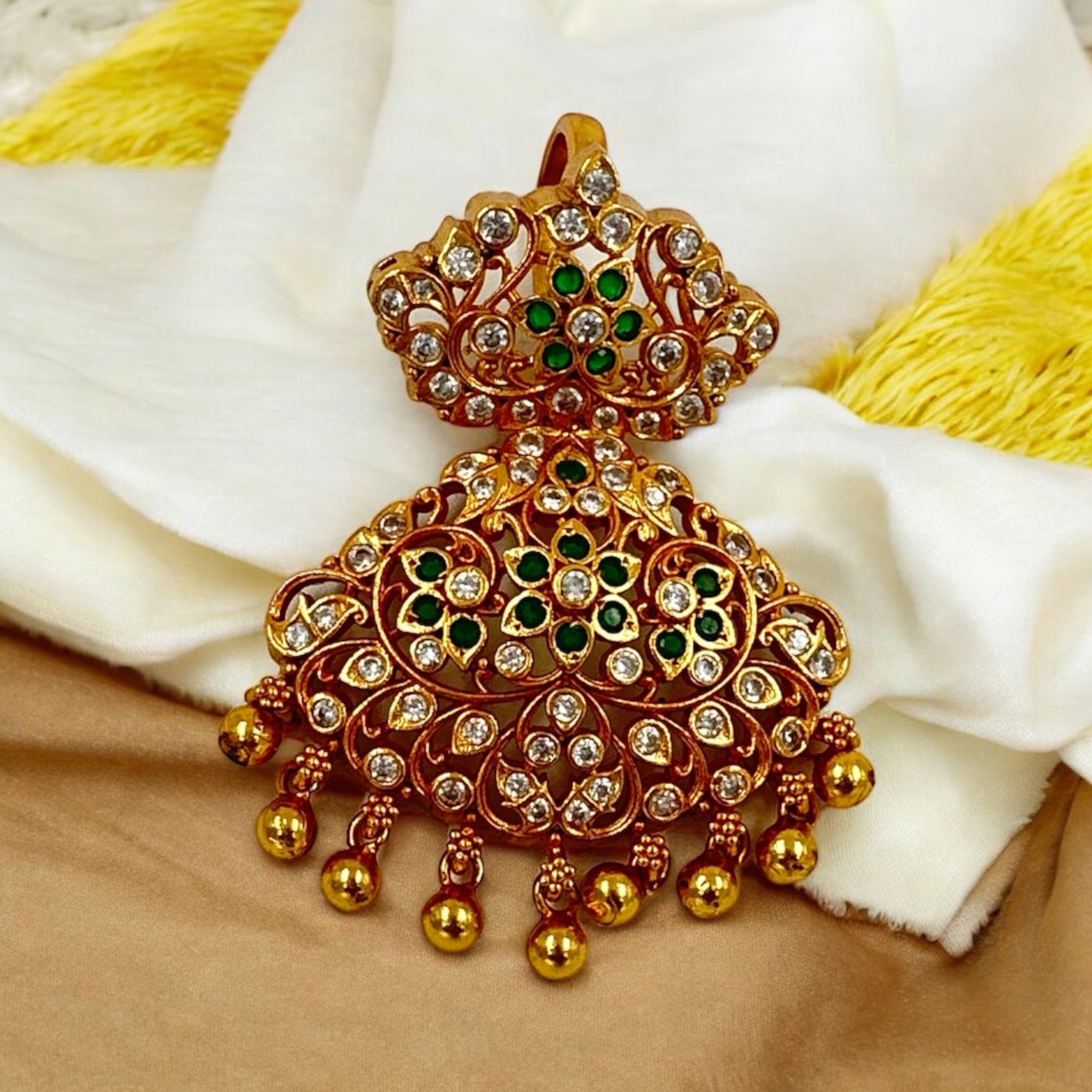 Precious Pendant 92.5 Silver Emerals CZ Stone With Gold Balls Gold Polish