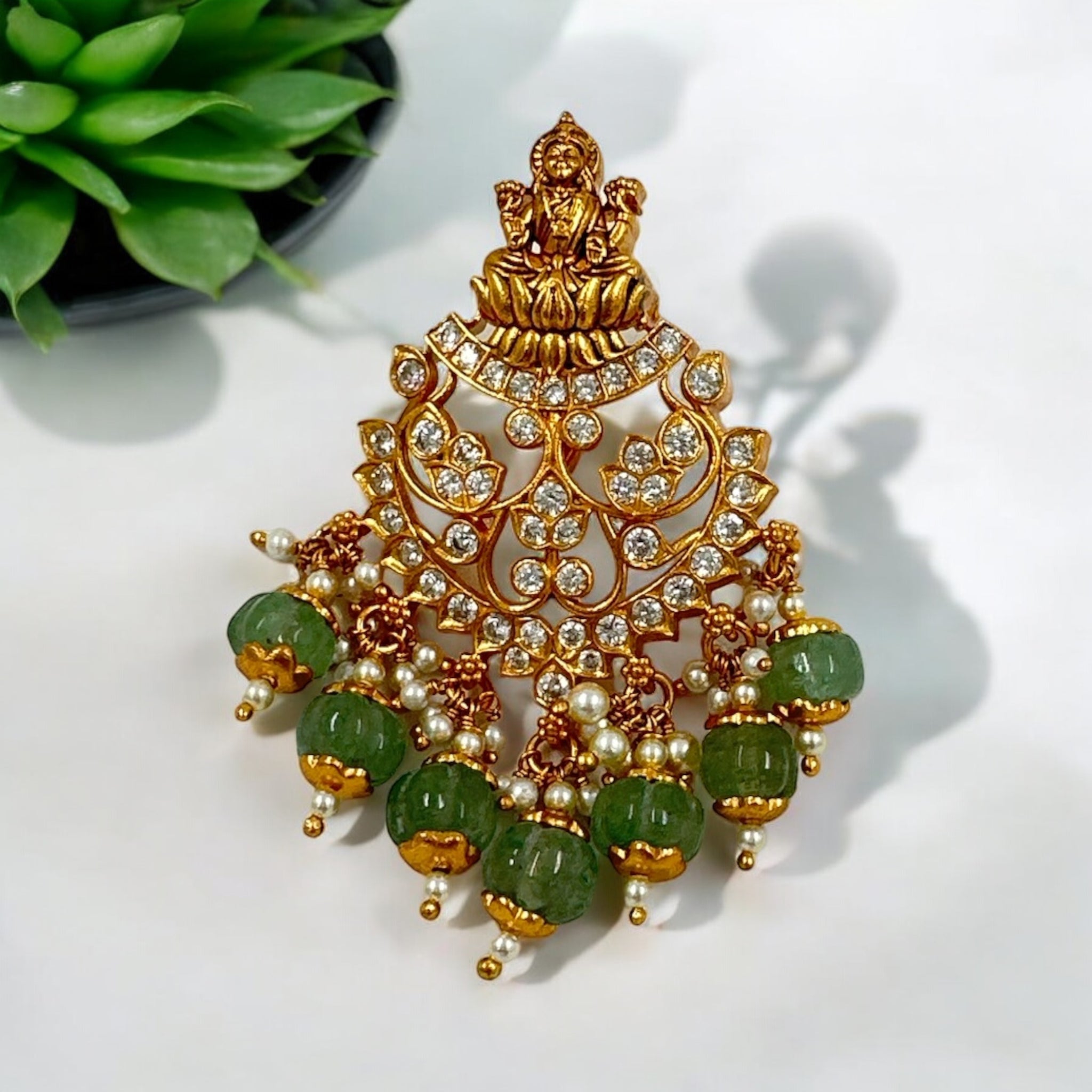 Antique Laxmi Pendant 92.5 Silver Laxmi Design CZ Emerals With Gold Polish