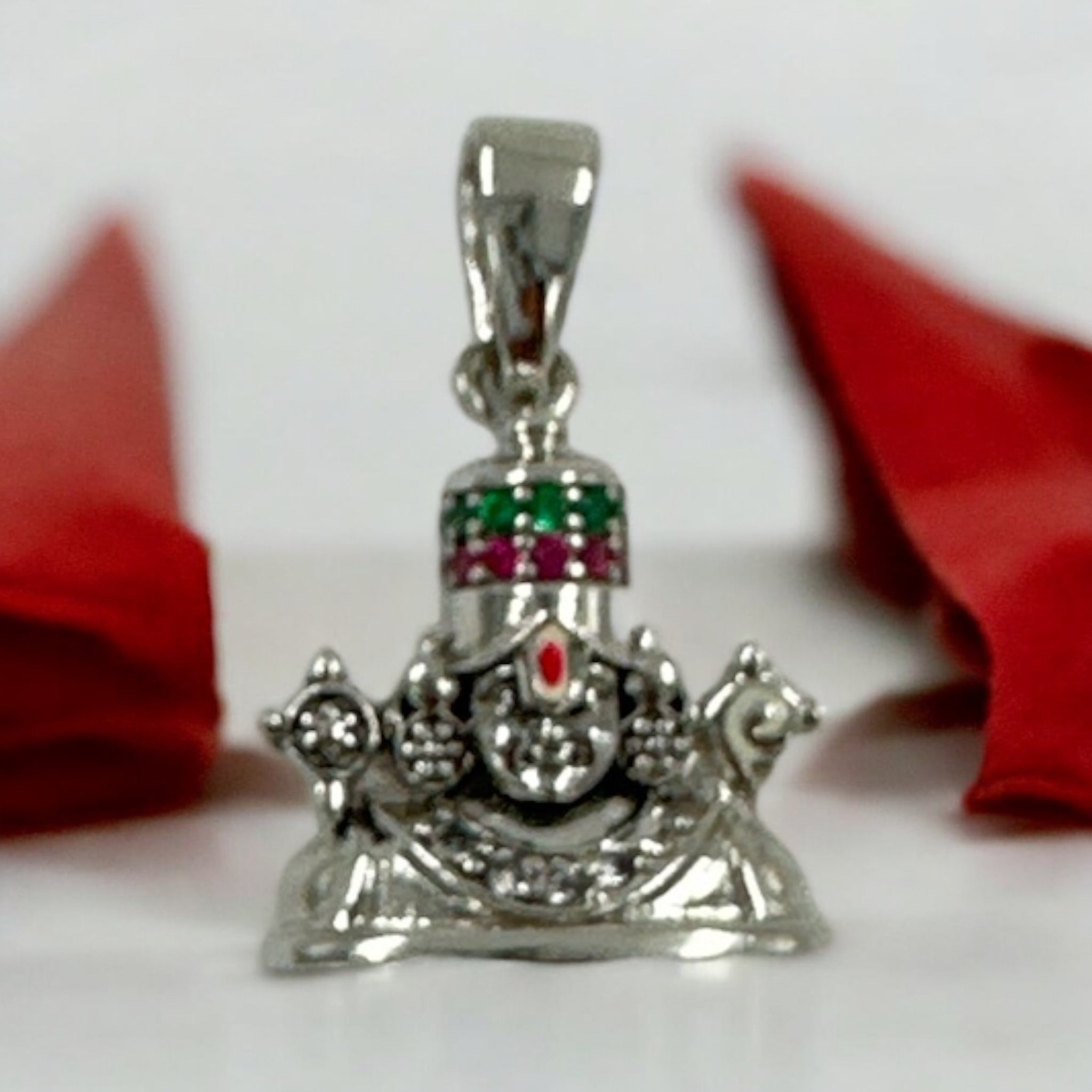 Balaji Pendant 92.5 Silver Balaji Design Emeral Ruby Stone with Silver Polish