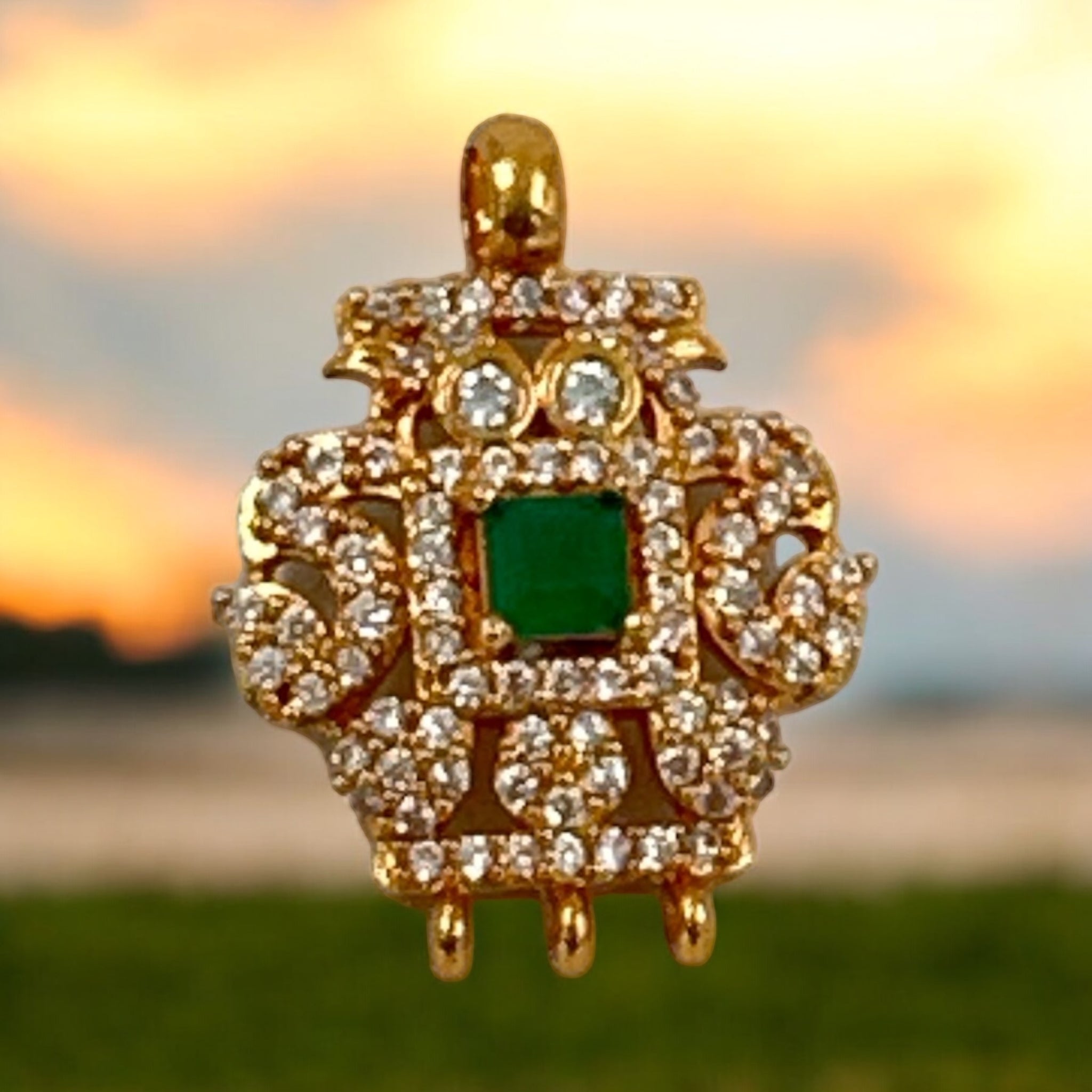 Precious Pendant 92.5 Silver CZ Emerals Stone With Gold Polish