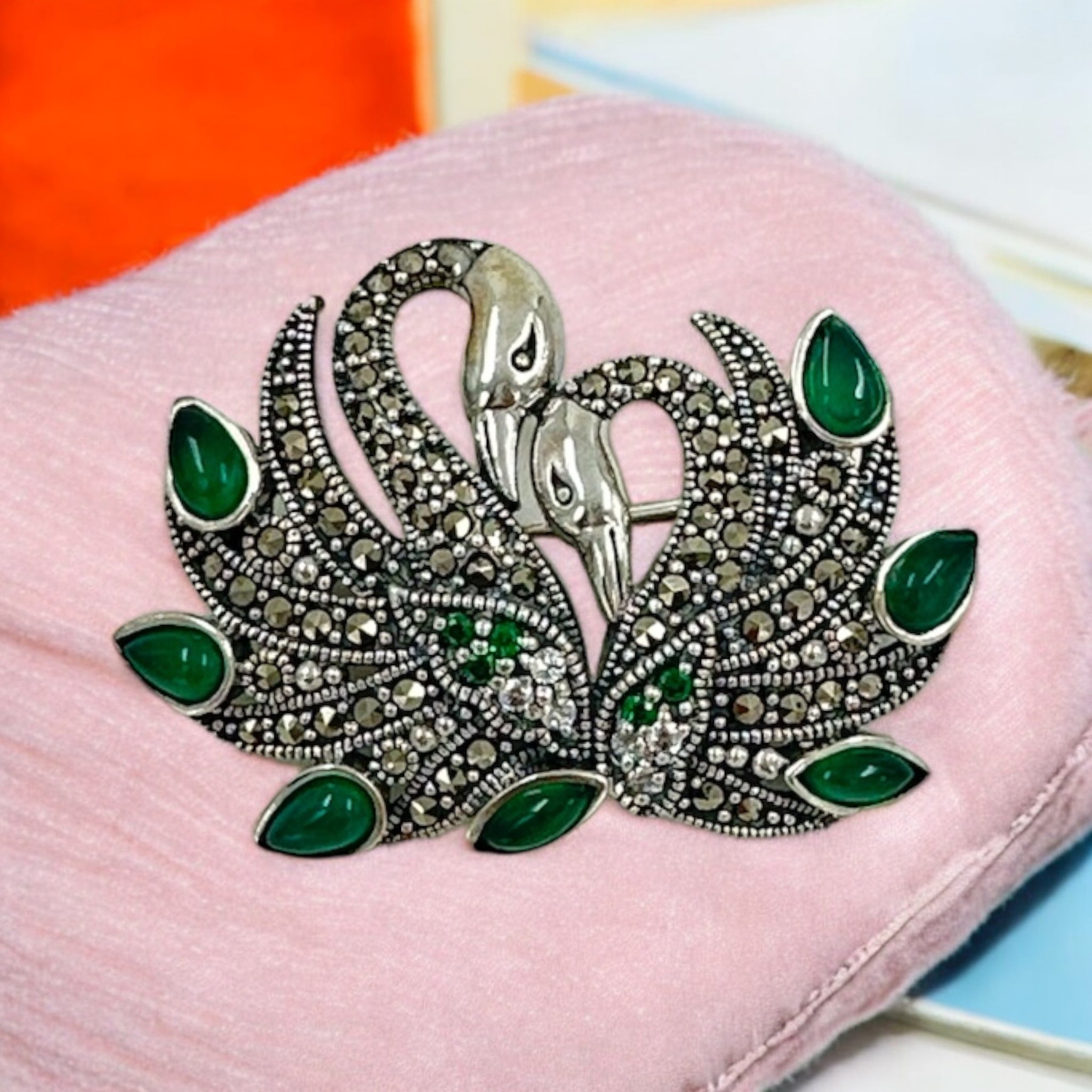 Precious Saree Pins 92.5 Silver Two peacock Desgin with Emarald stone