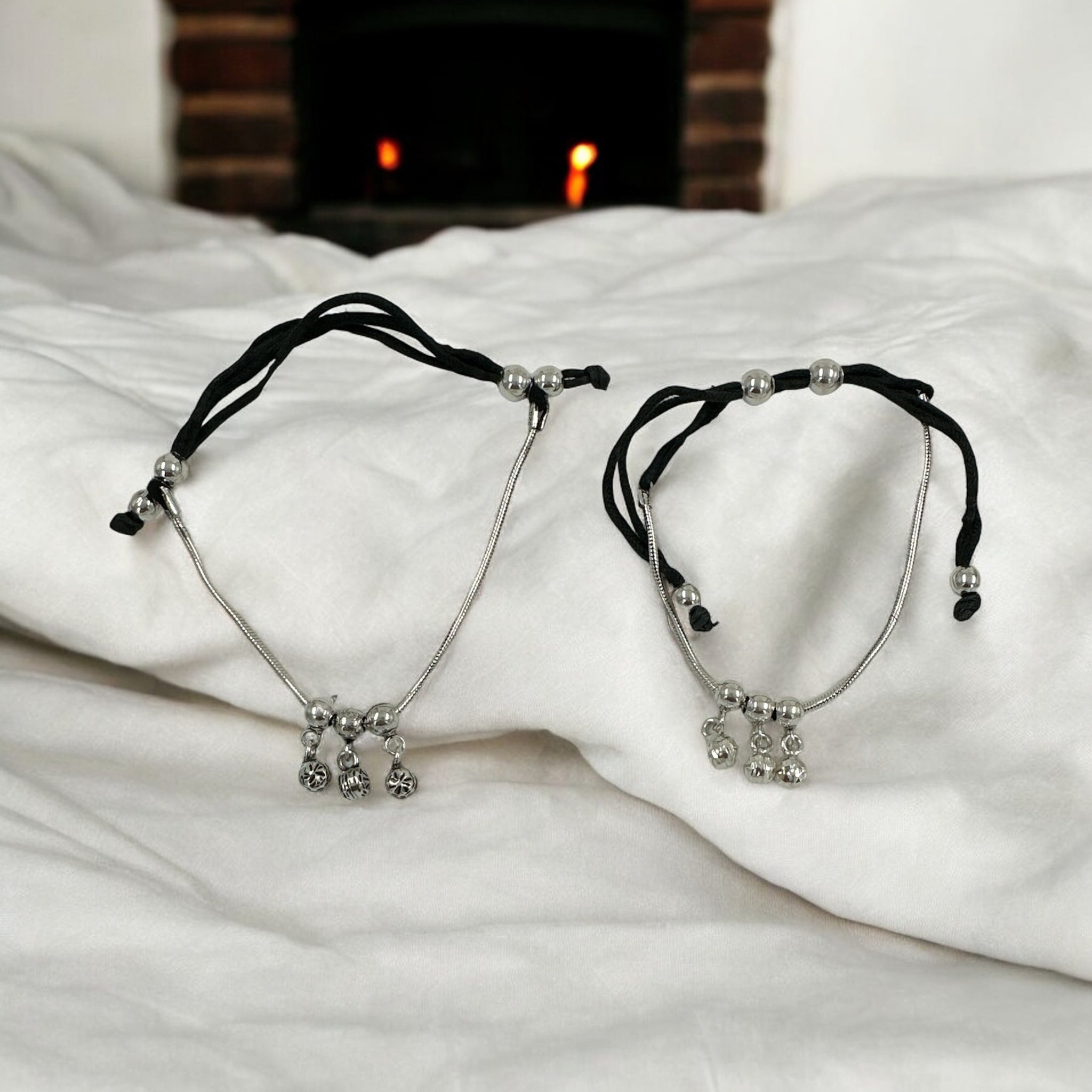 Silver Chain And  Silver Balls With Black Thread Anklets