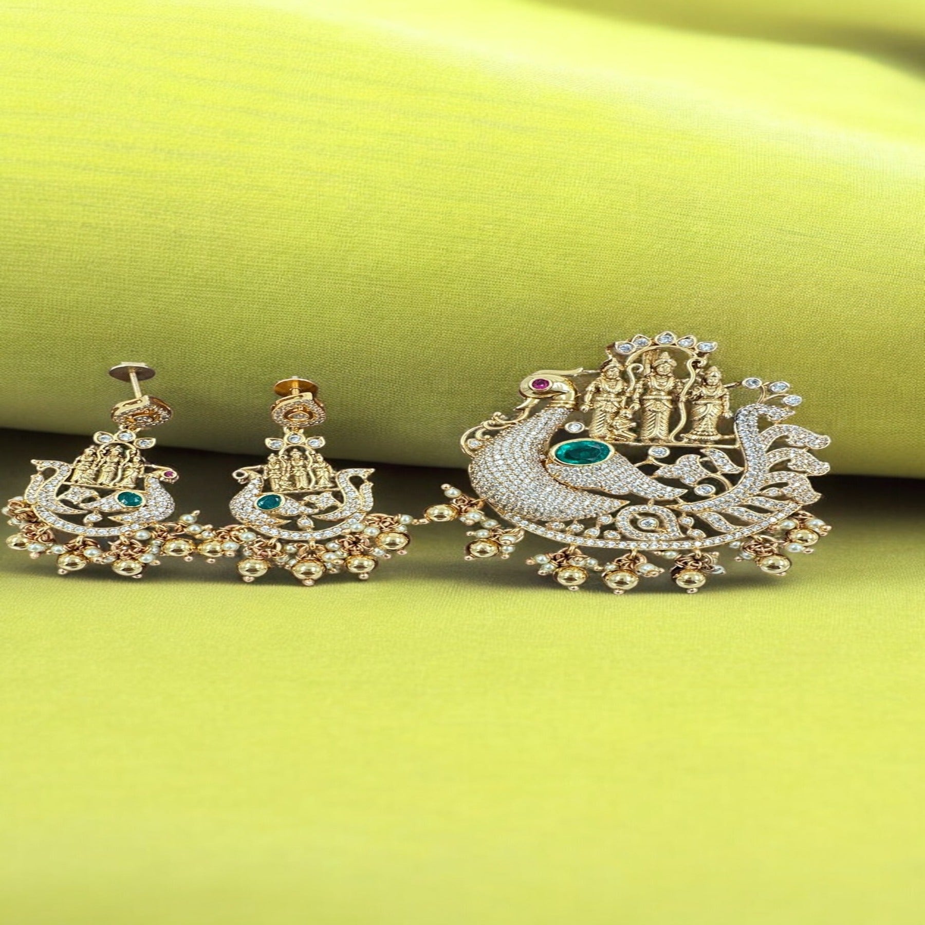 Precious Ram Parivar Pendant Earring Set 92.5 Silver Ramparivar pendent  and emarald with CZ stone