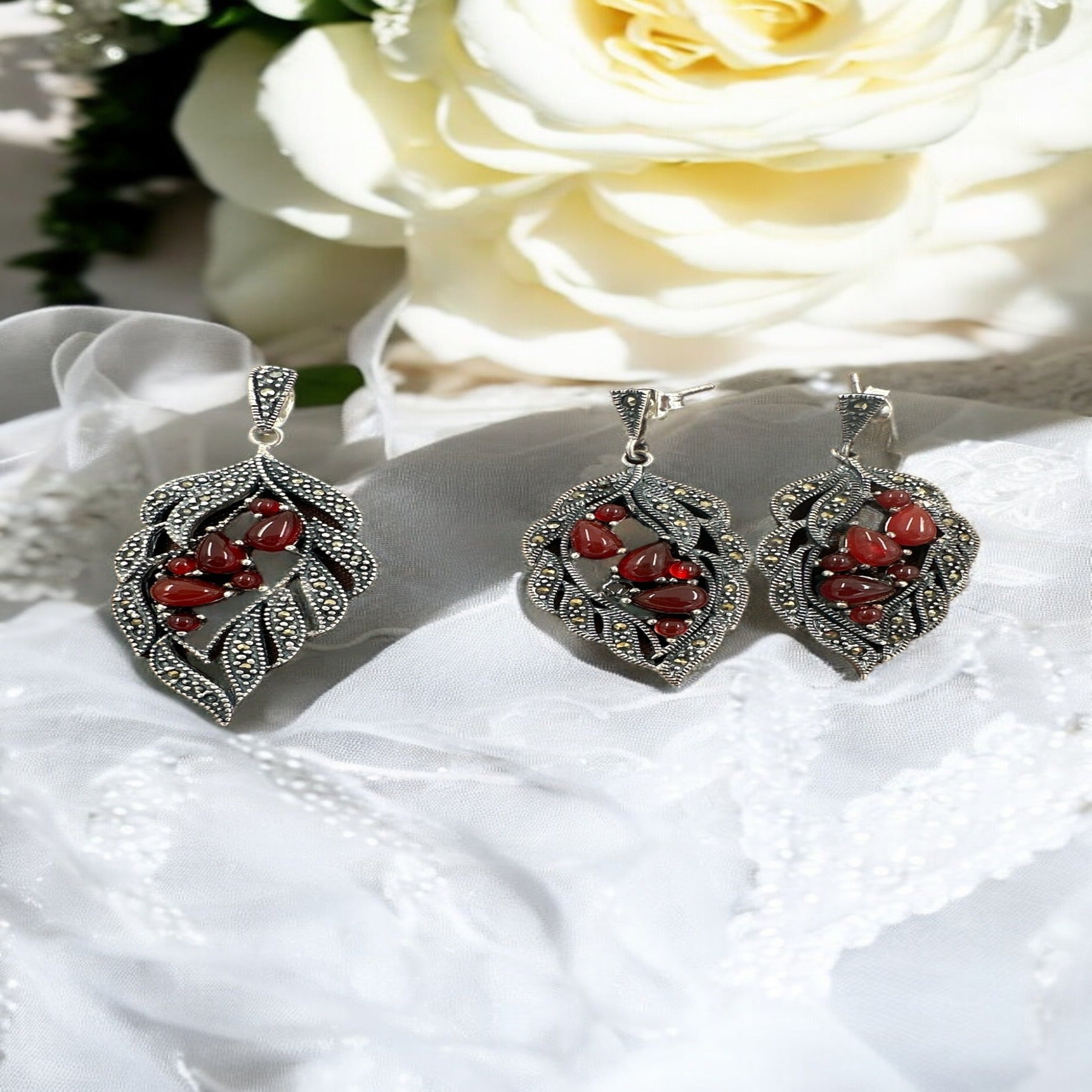 Precious Pendant Earring Set 92.5 Silver marker stone with  red stones