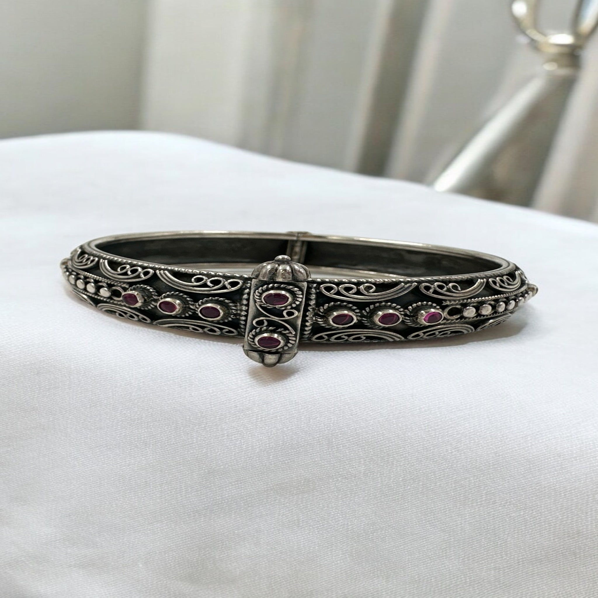 92.5 Silver Men's Antique Silver Kada with Ruby Accents