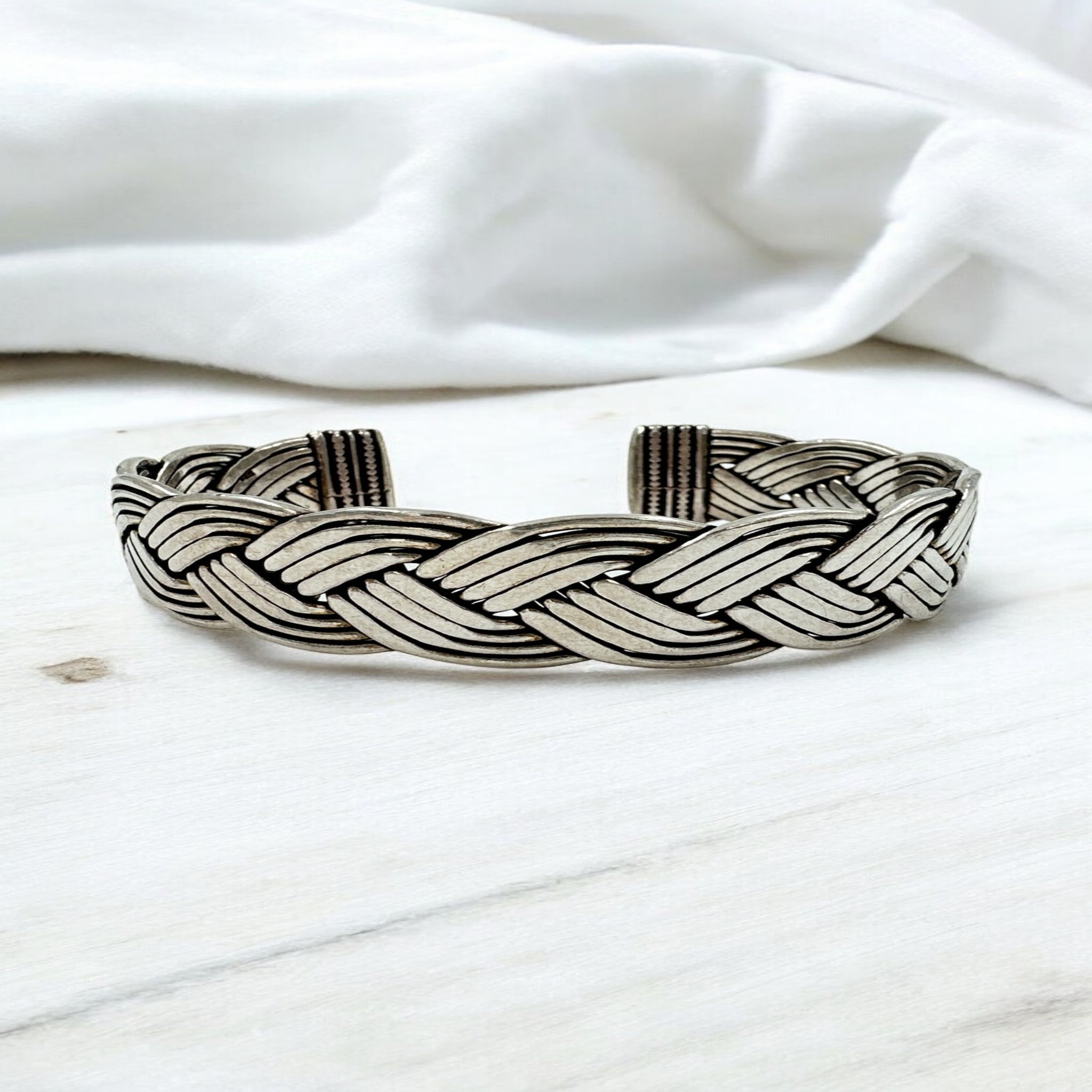 92.5 Silver Men's Kada Open Model Full Design: Braided Design