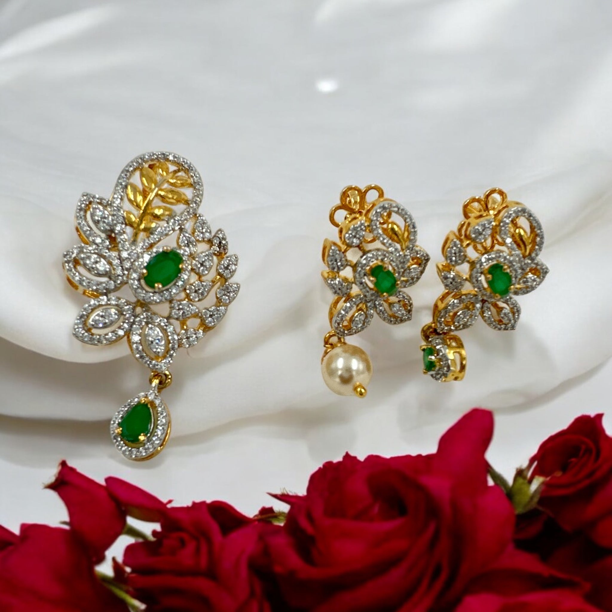 Precious Pendant Set 92.5 Silver swaroski stones with emarald stones
