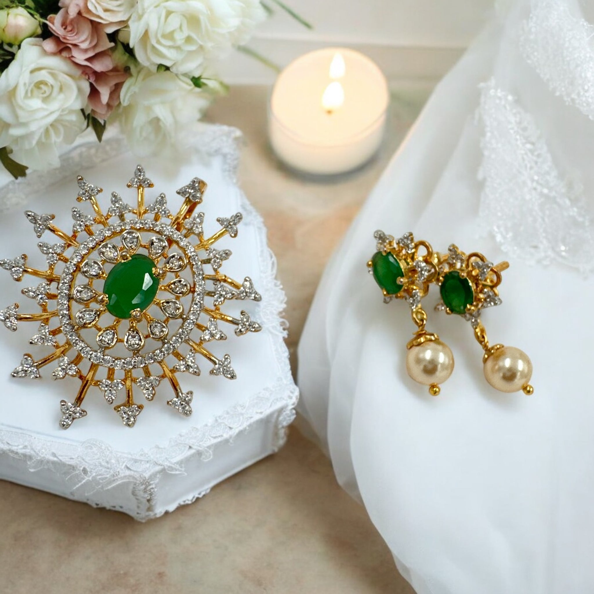 Precious Pendant Set 92.5 Silver Emarald with CZ and pearls