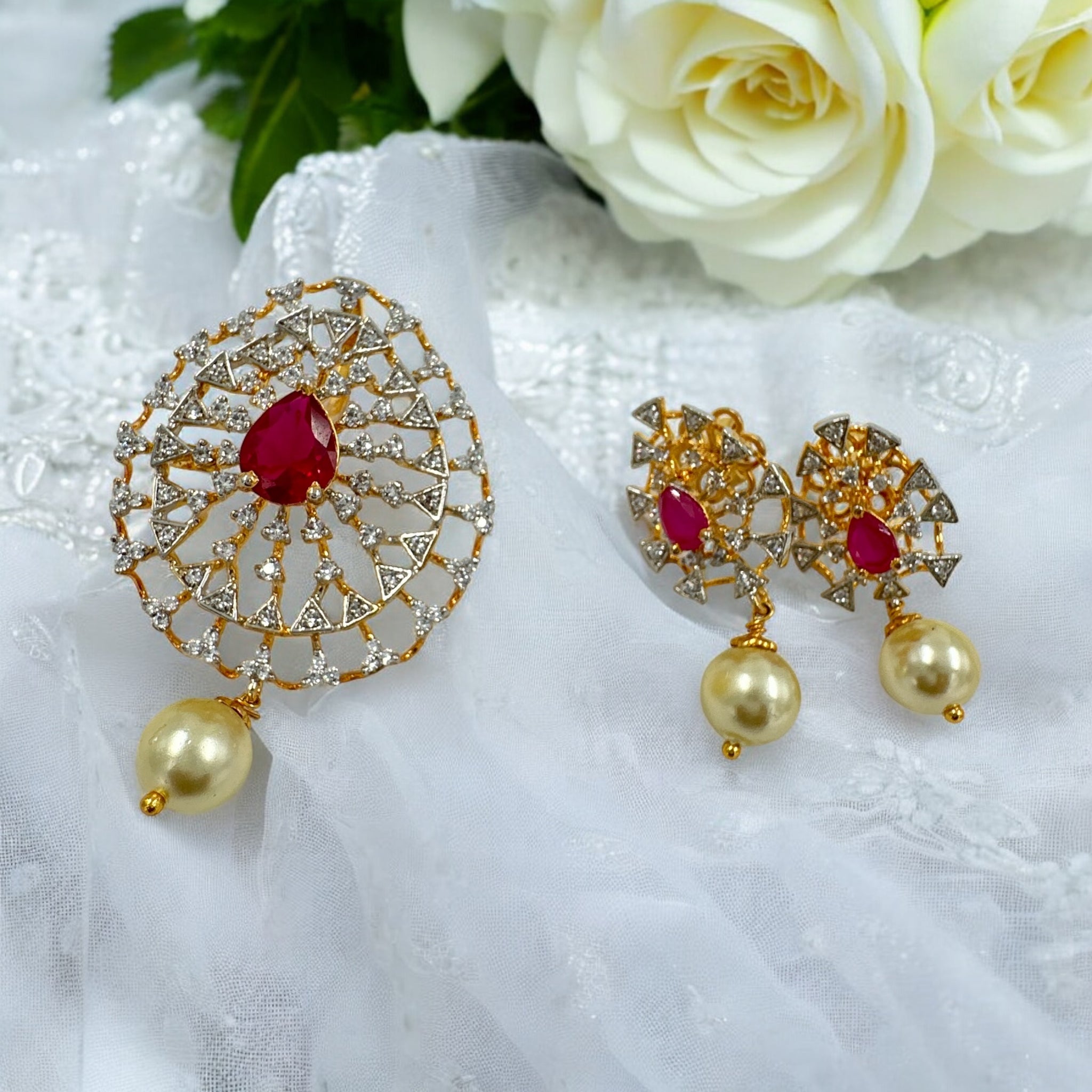 Precious Pendant Set 92.5 Silver CZ Ruby with Swaroski stone