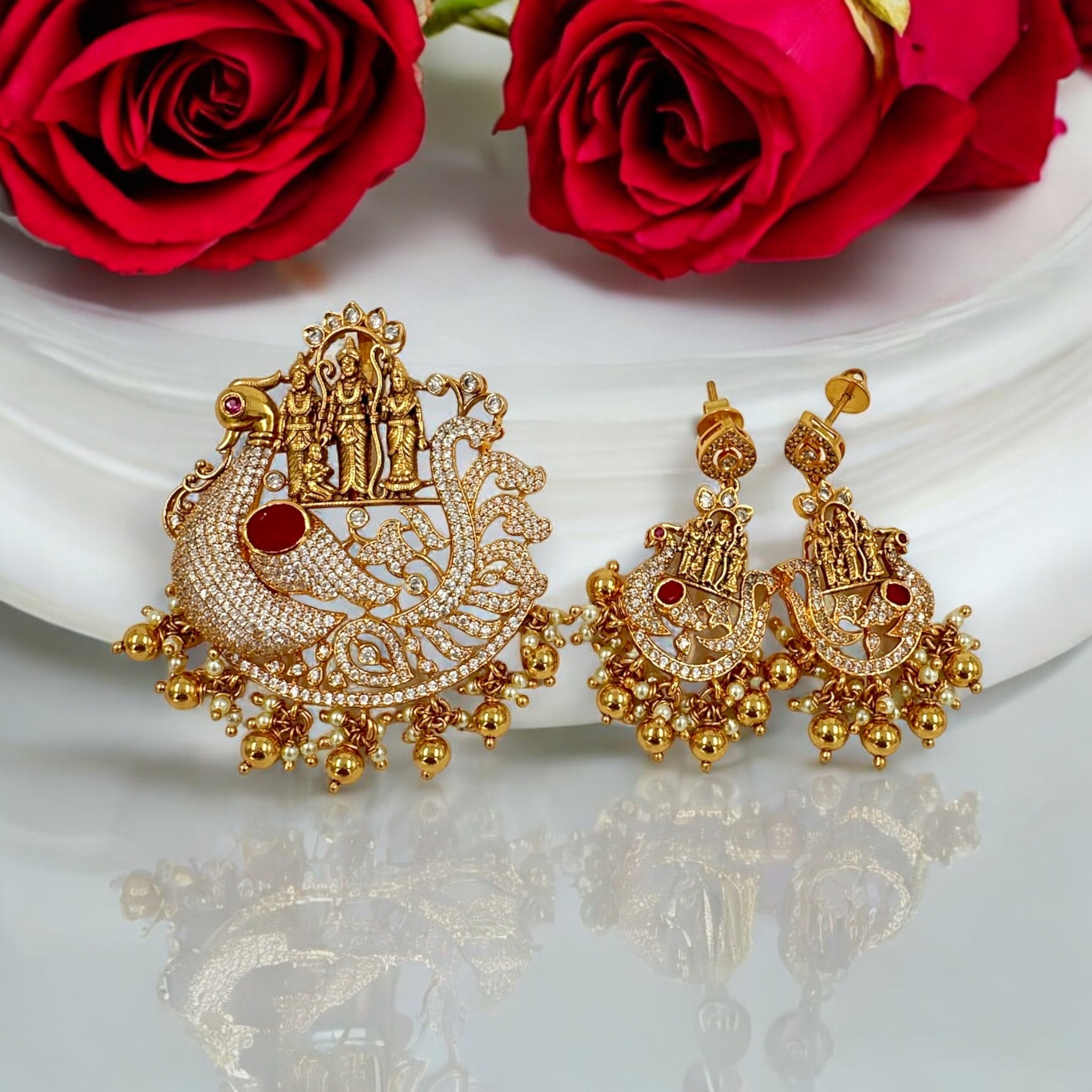Ram Parivar Pendant Set 92.5 Silver Ramparivar and CZ stones and gold balls