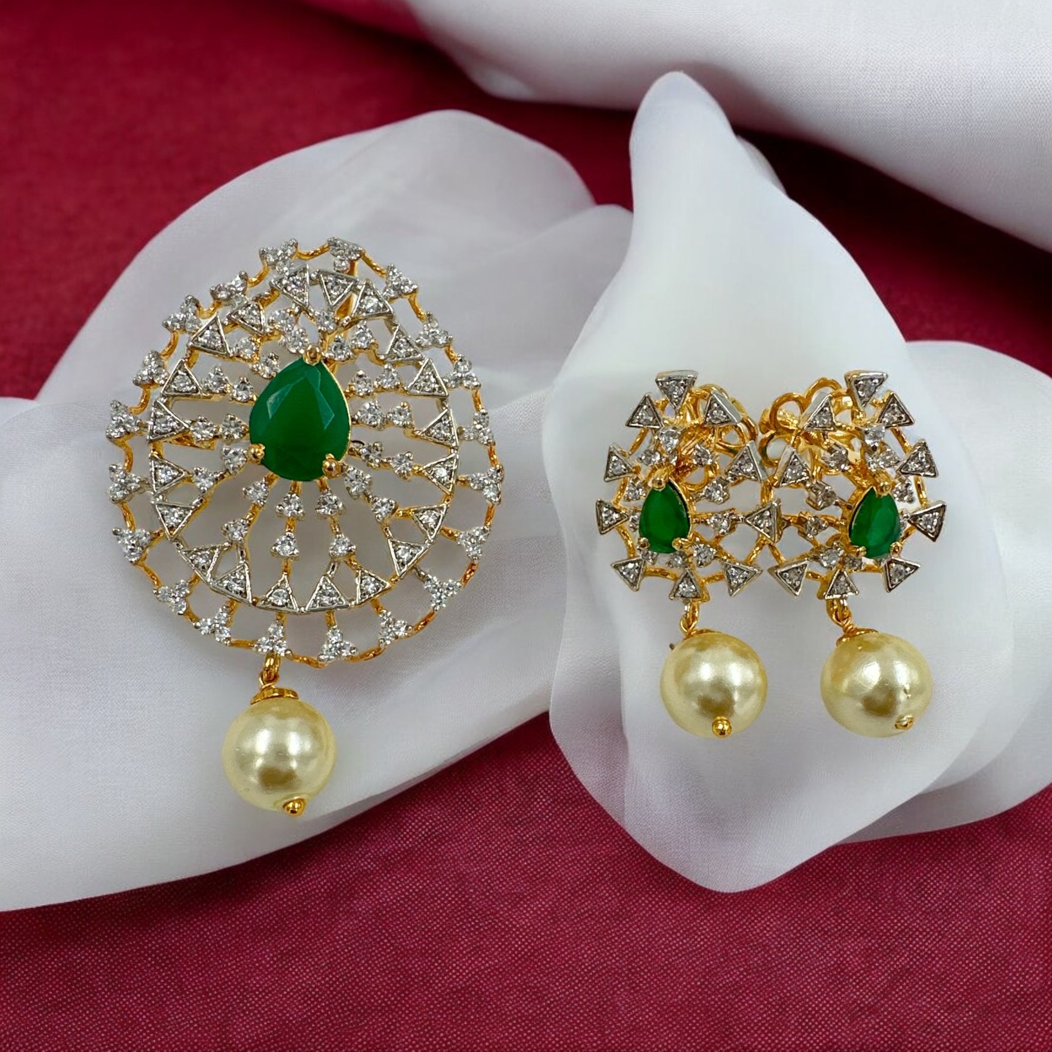 Precious Pendant Set 92.5 Silver CZ stone and Emarald stone and pearl hangings