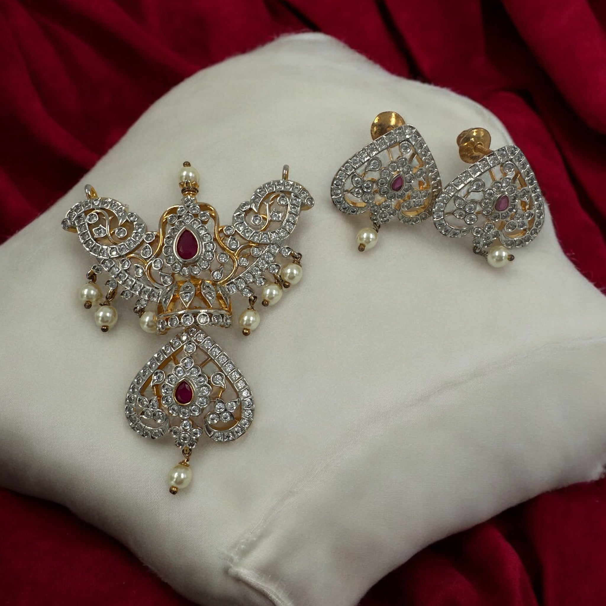Precious Pendant Set 92.5 Silver CZ Ruby Pals Hanings With   Gold Palish