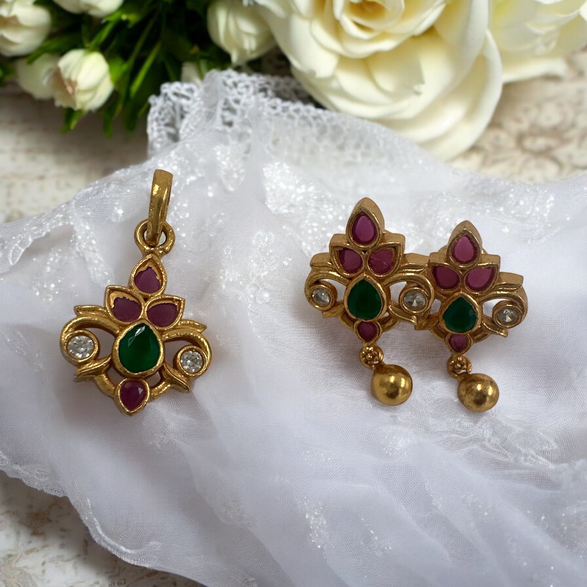 Precious Kundan Pendant Set 92.5 Silver Ruby CZ Emerals With Gold Balls Gold Polish