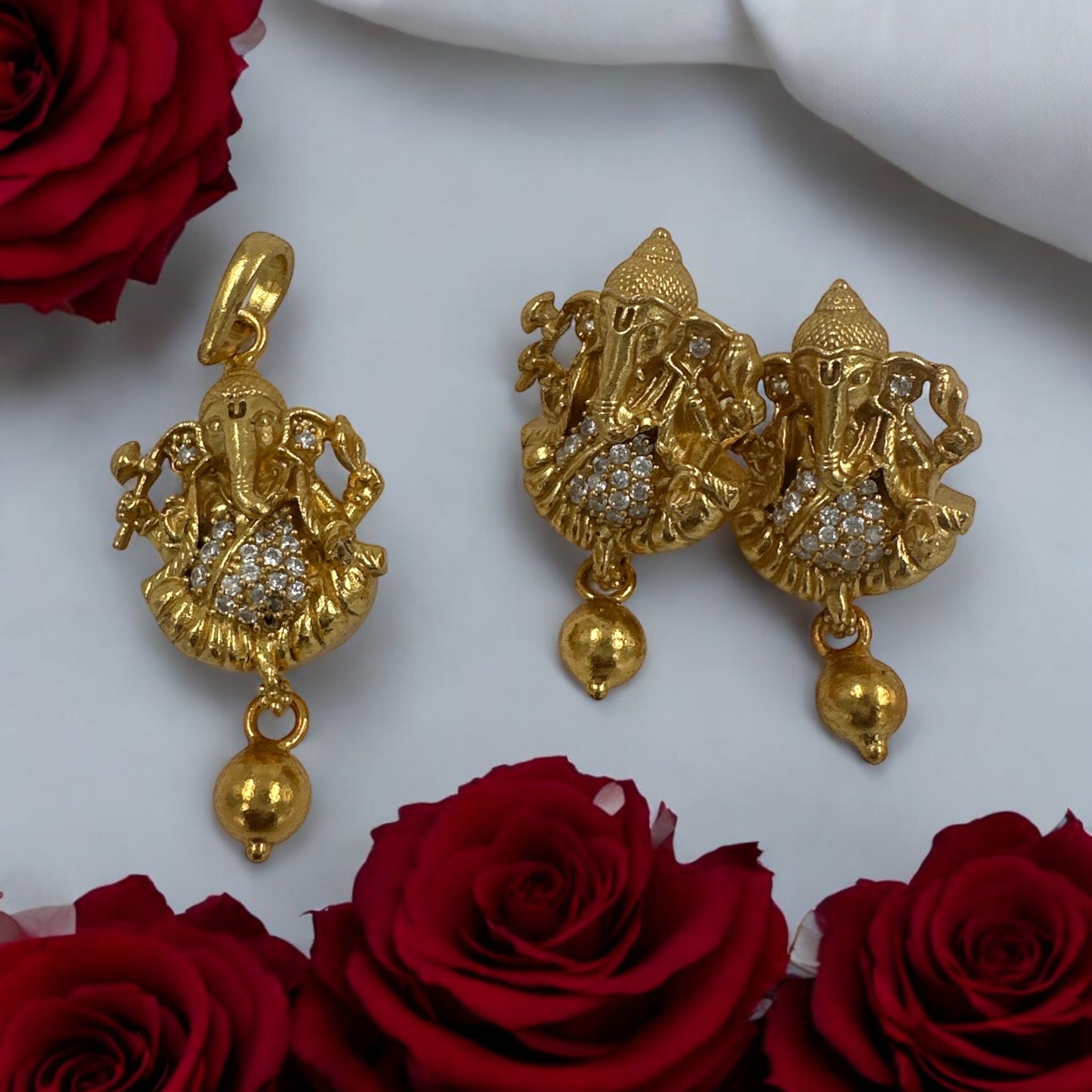 Precious Pendant Set 92.5 Silver Ganesh CZ With Gold Balls Hangings  Gold Polish
