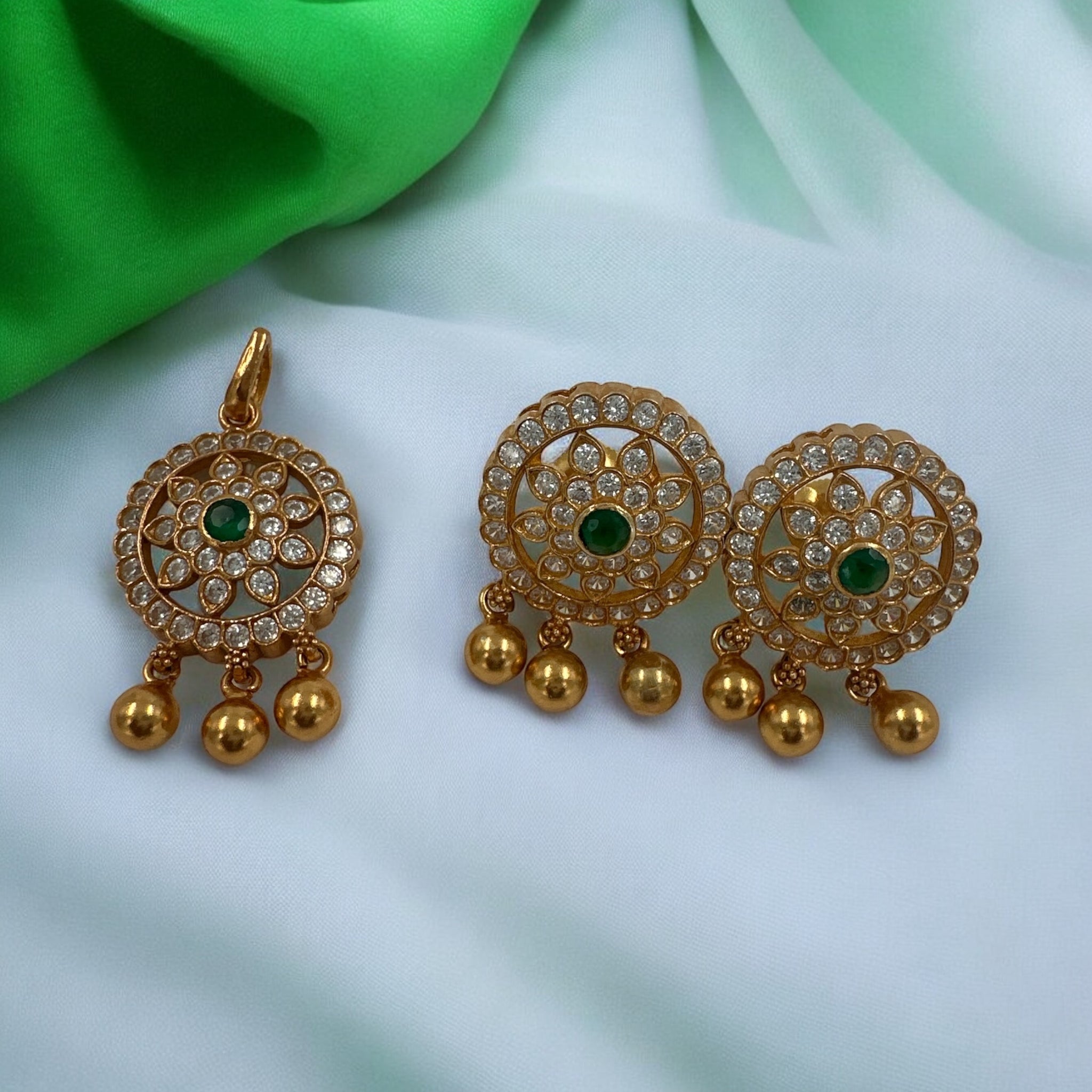 Precious Pendant Set 92.5 Silver CZ Emerals With Gold Balls Hangings With Gold Palish