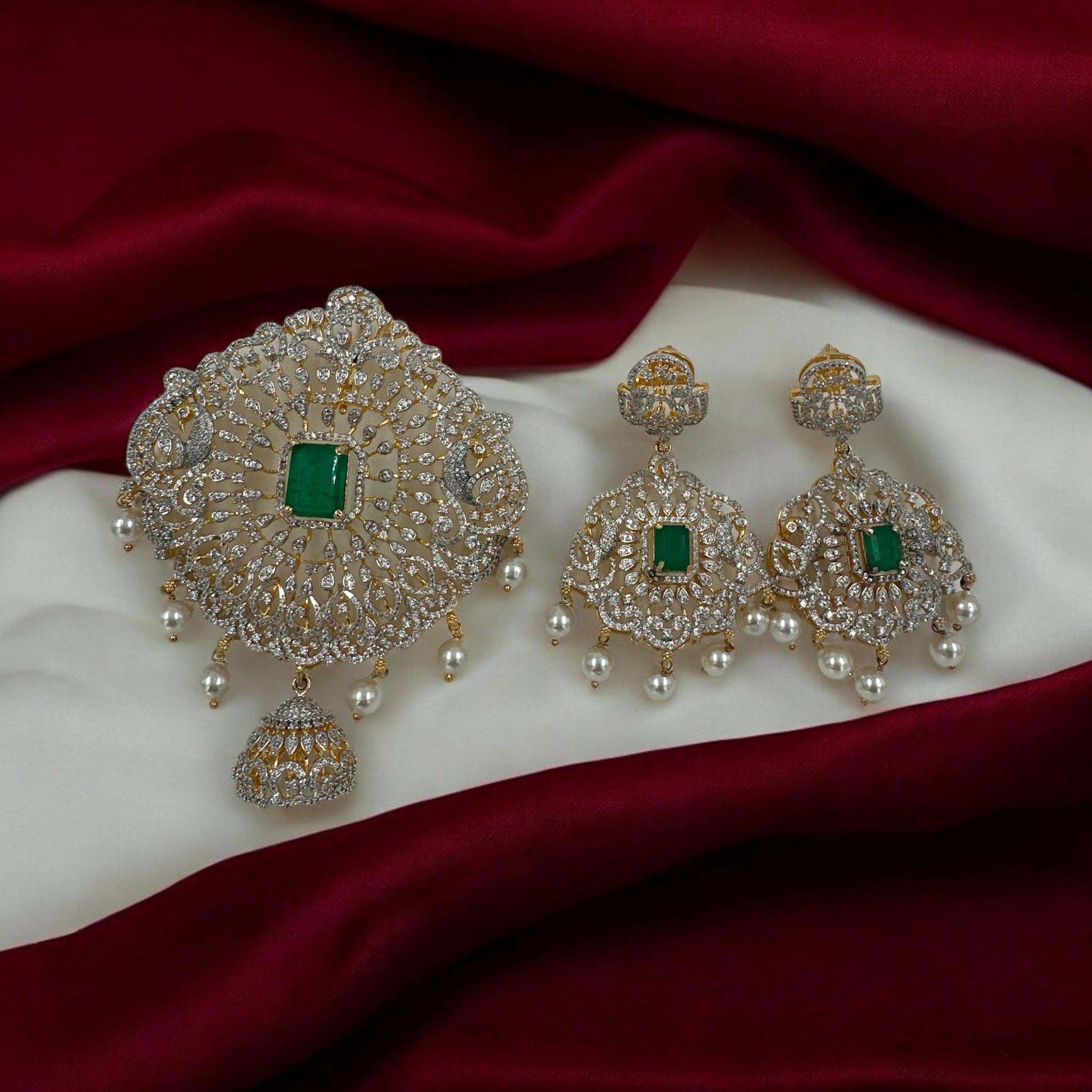 Precious Pendant Set 92.5 Silver CZ Stone Emerals WIth Gold Polish