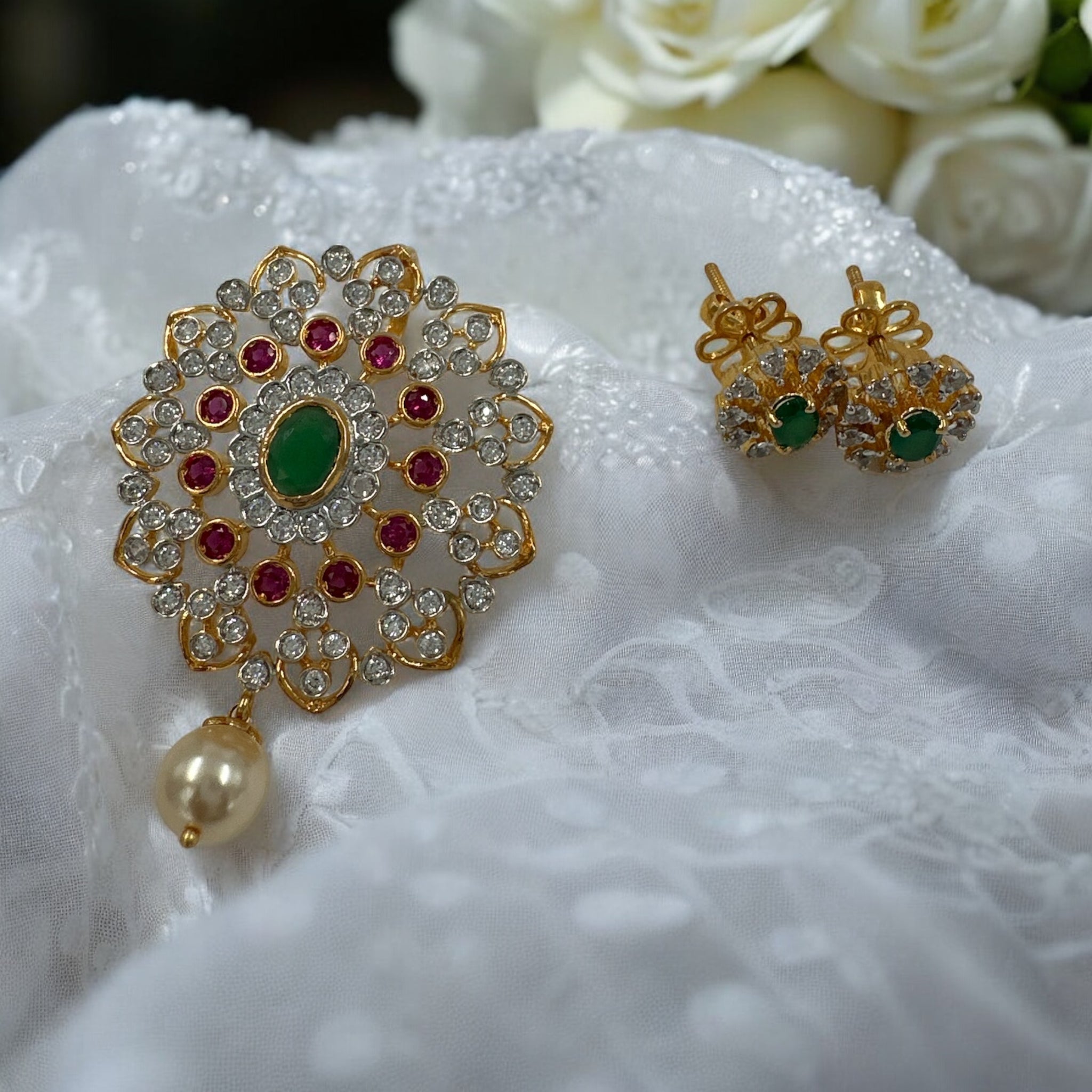 Precious Pendant Set 92.5 Silver Ruby Emerals CZ Stone With Gold Polish