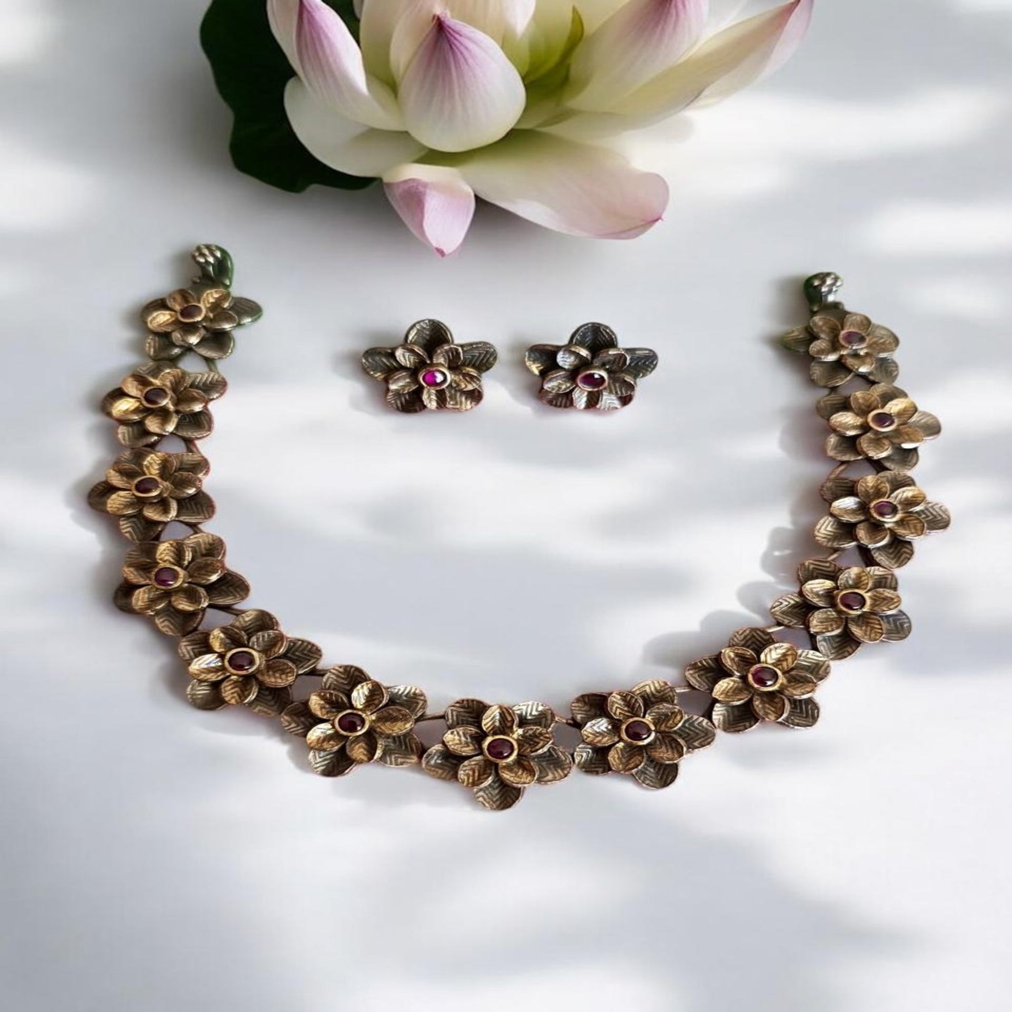 Oxidised Necklace Set with Flower Design Marker Stone
