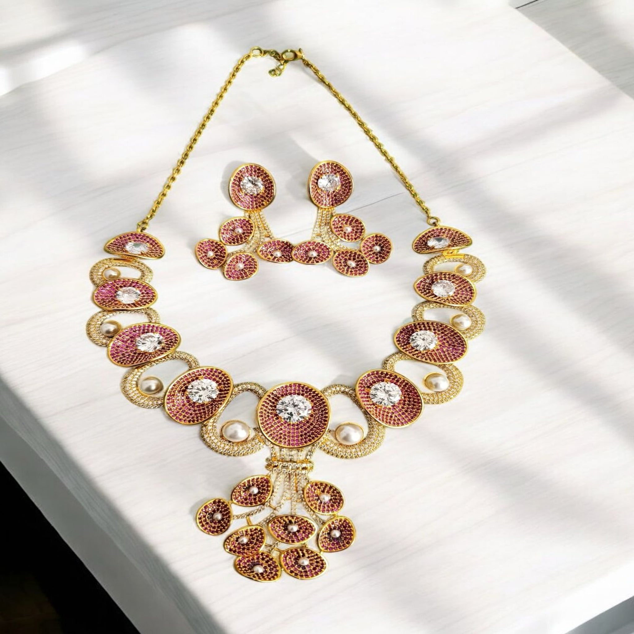 Necklace Set with Cz Ruby stone With Gold Polish