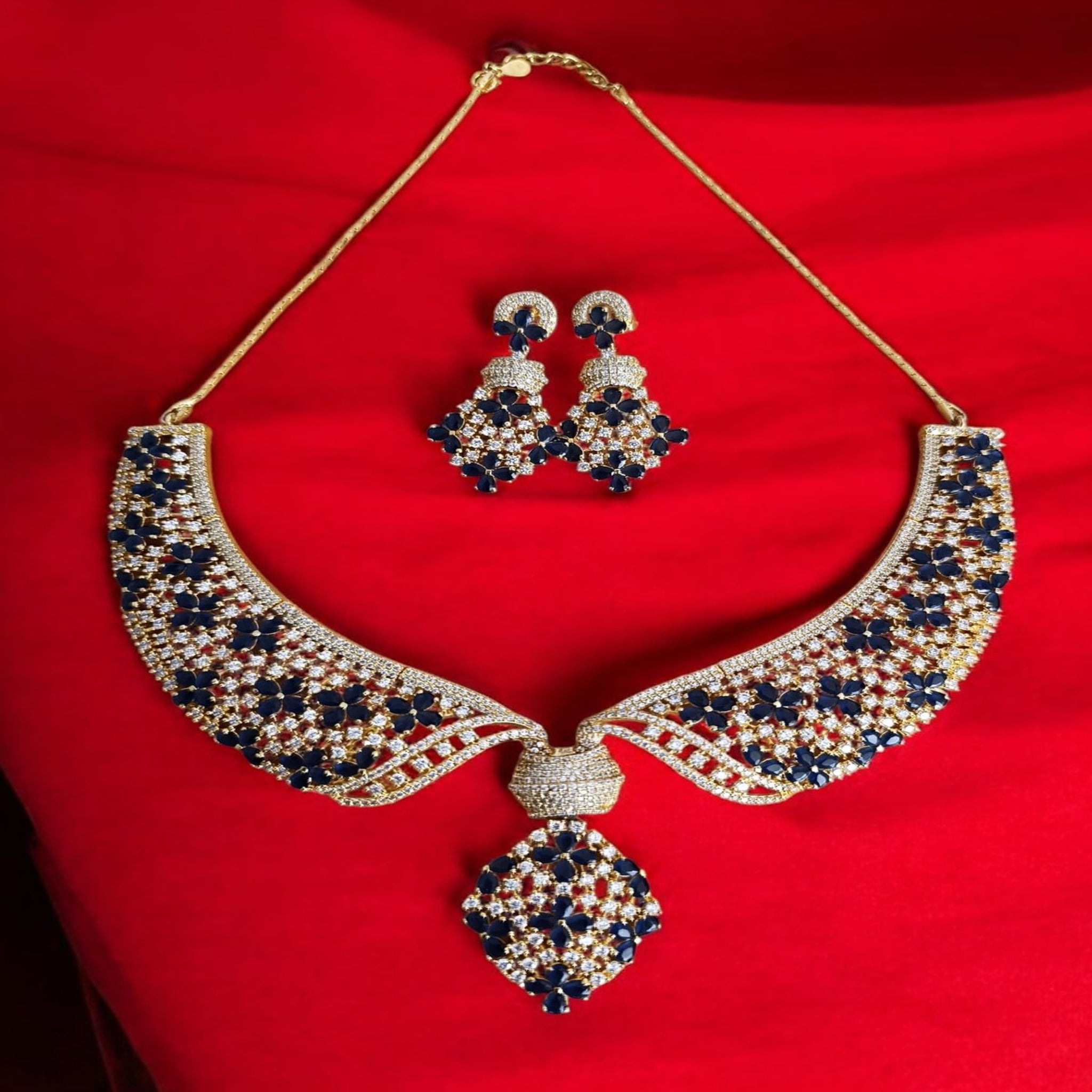 CZ Emeralds Stone With Gold Polish Necklace set