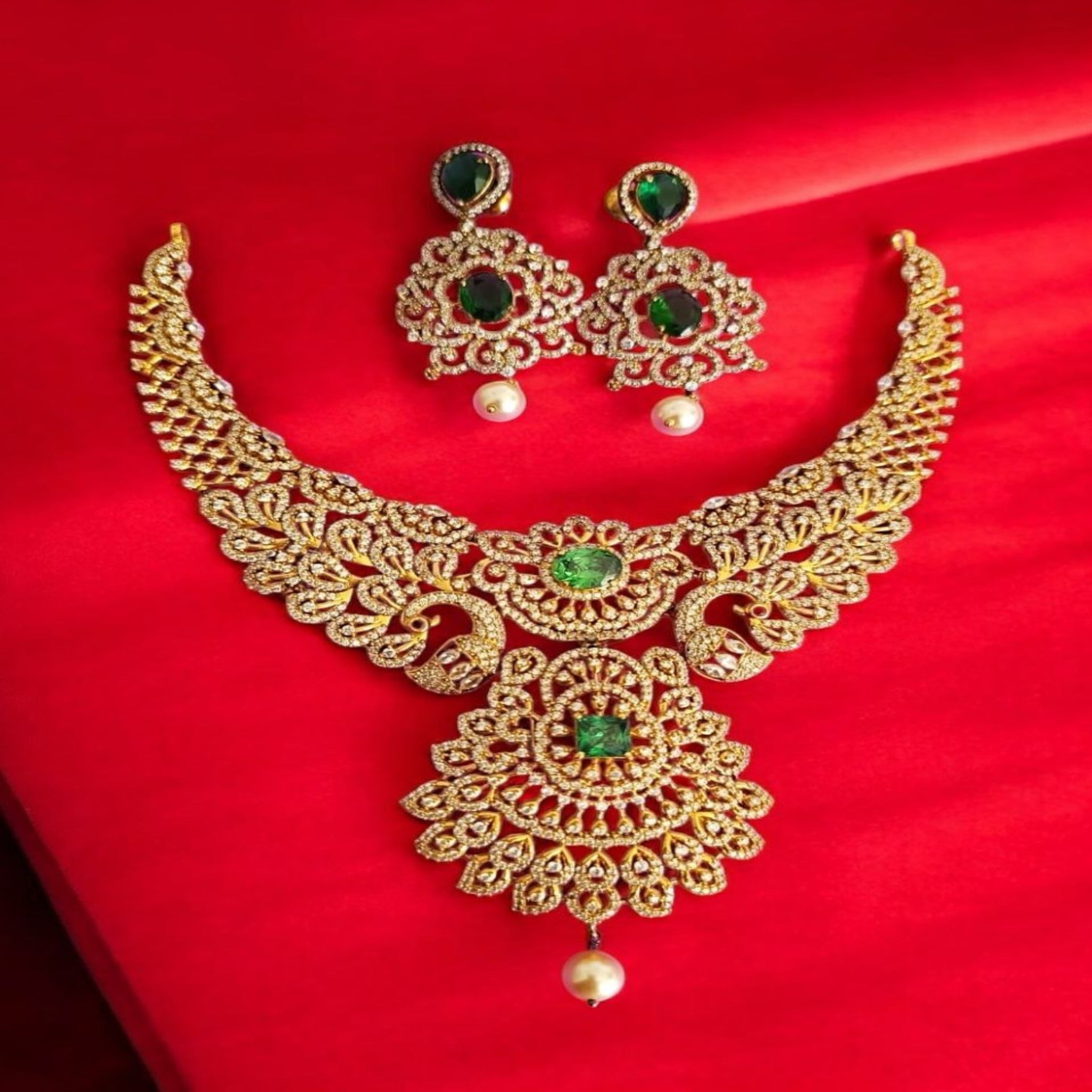 Necklace Set with Cz Emeralds Stone With Gold Polish