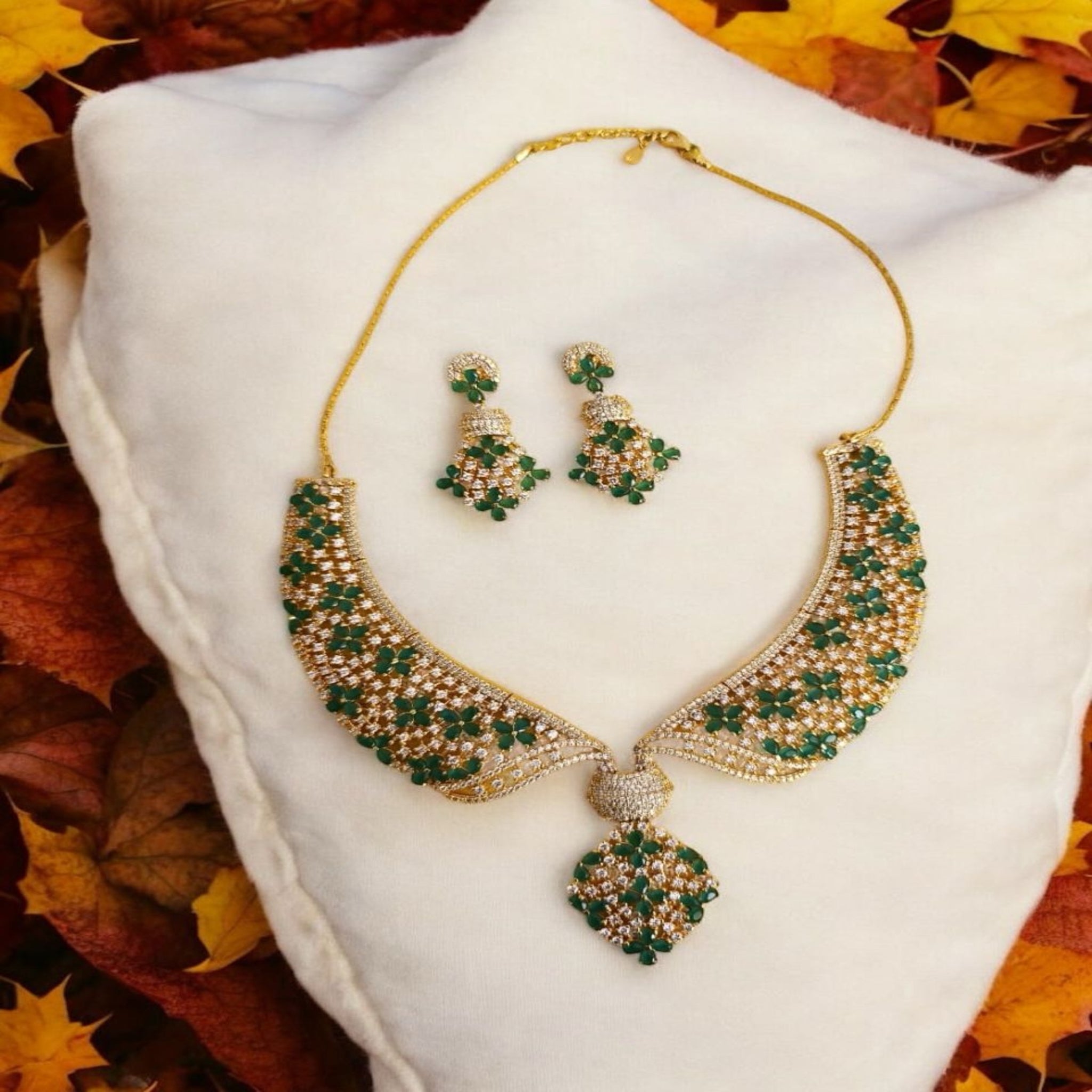 Necklace Set with CZ Emeralds Stone With Gold Polish