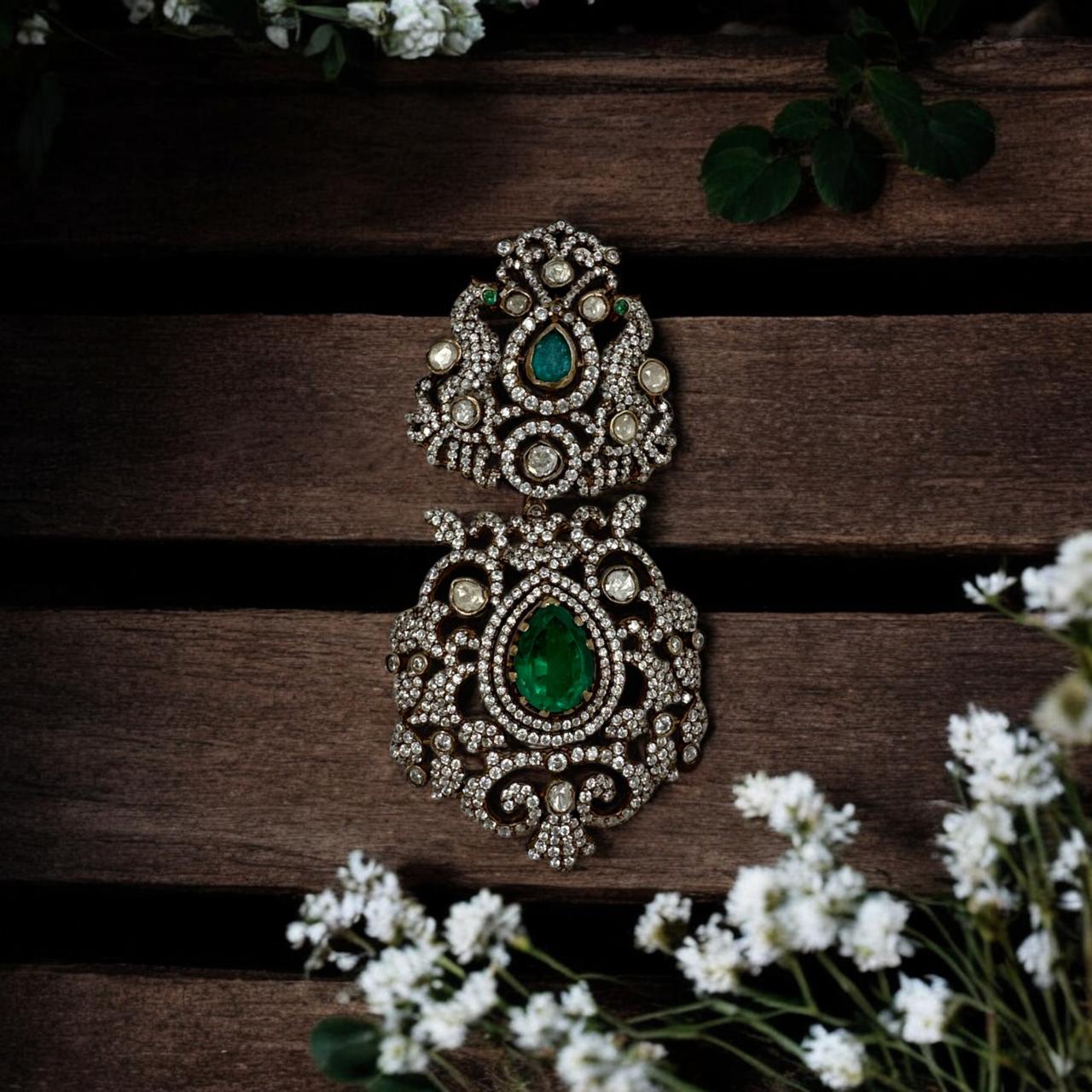 Precious Victorian Pendant 92.5 Silver Emerals Moissanite Stone With Victorian Polish