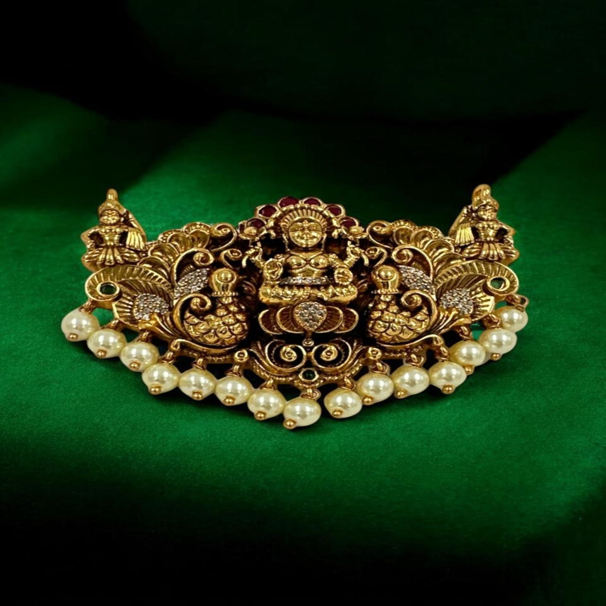 Antique Laxmi Pendant 92.5 Silver Laxmi CZ Emerals With Gold Polish