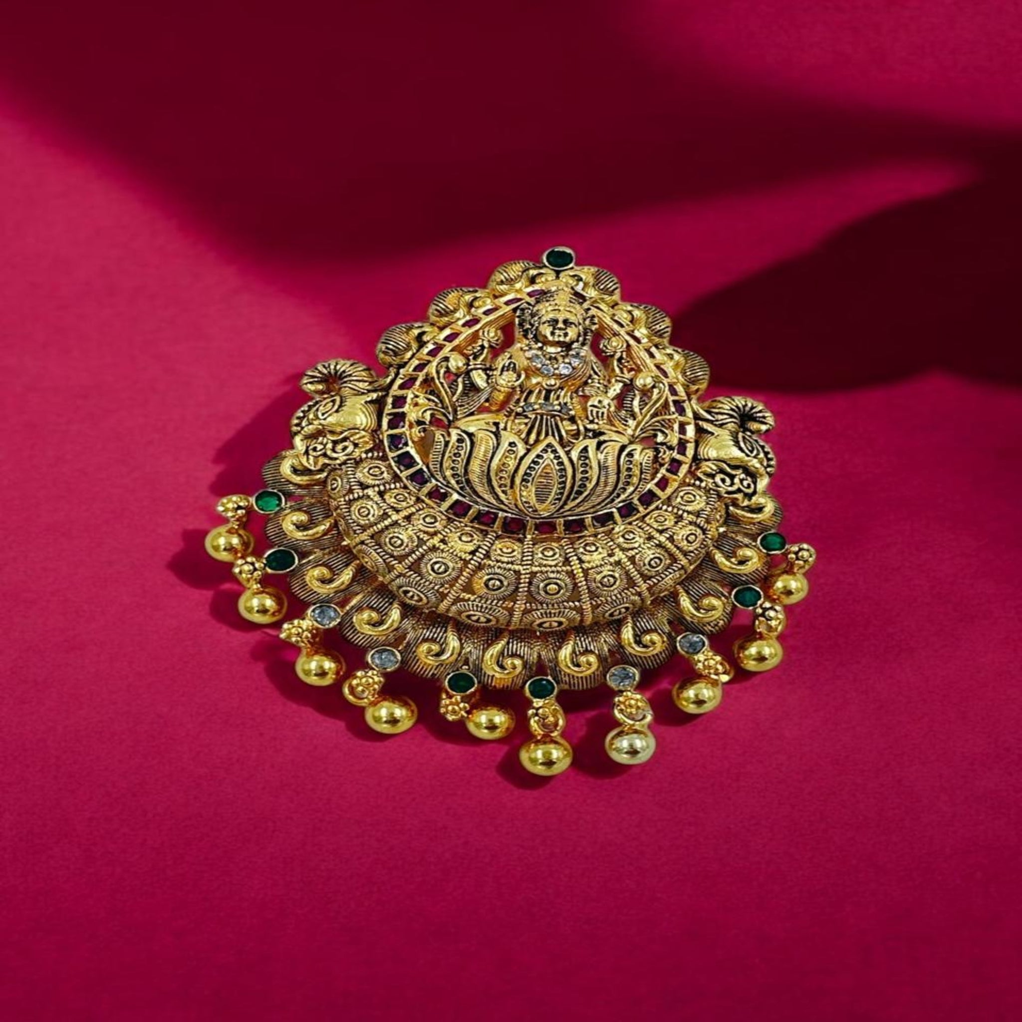 Antique Laxmi Pendant 92.5 Silver Laxmi Design CZ Ruby Stone  Gold Balls  Hanging With Gold Polish