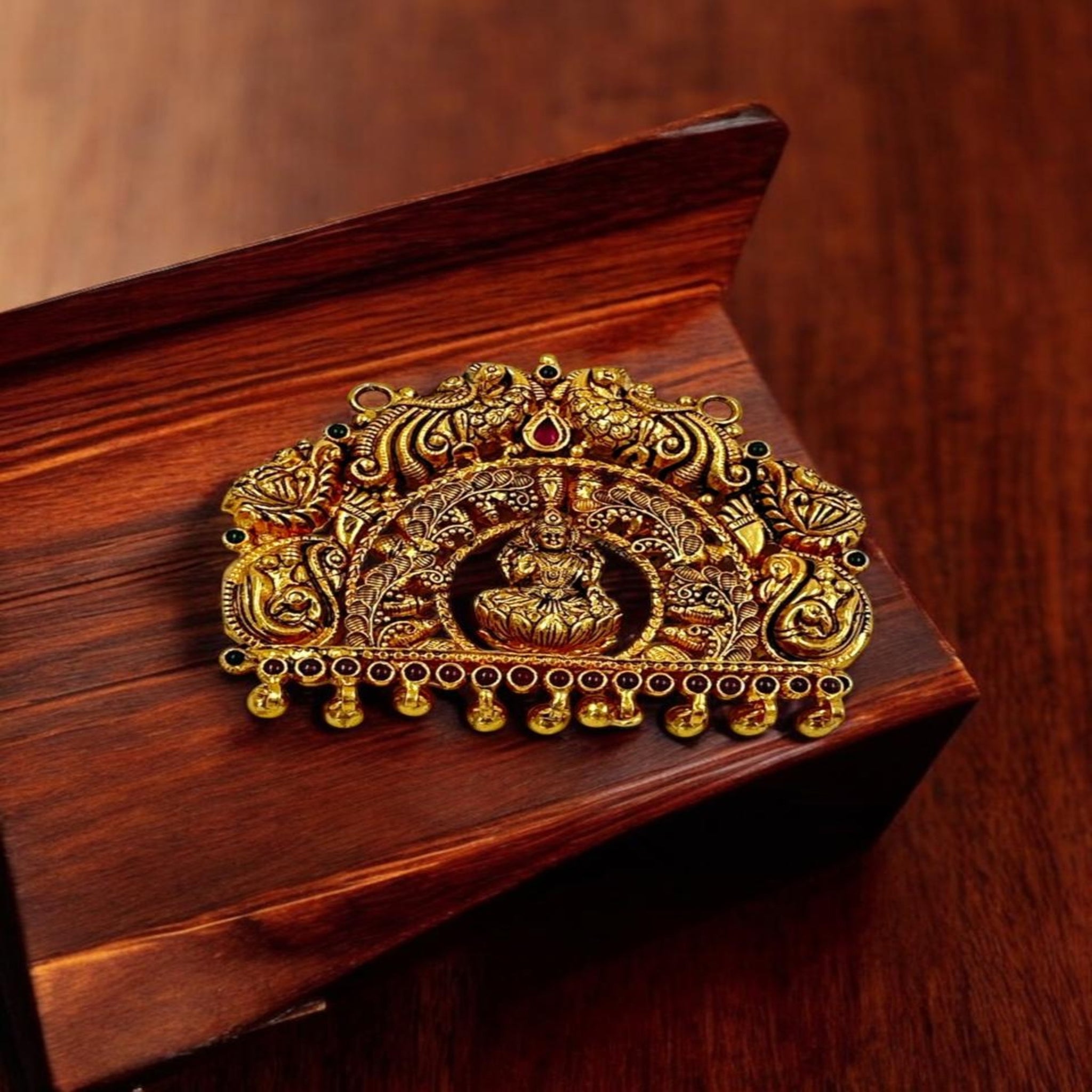 Antique Laxmi Pendant 92.5 Silver Laxmi Design CZ Ruby  Stone Gold Balls Hangings With Gold Polish